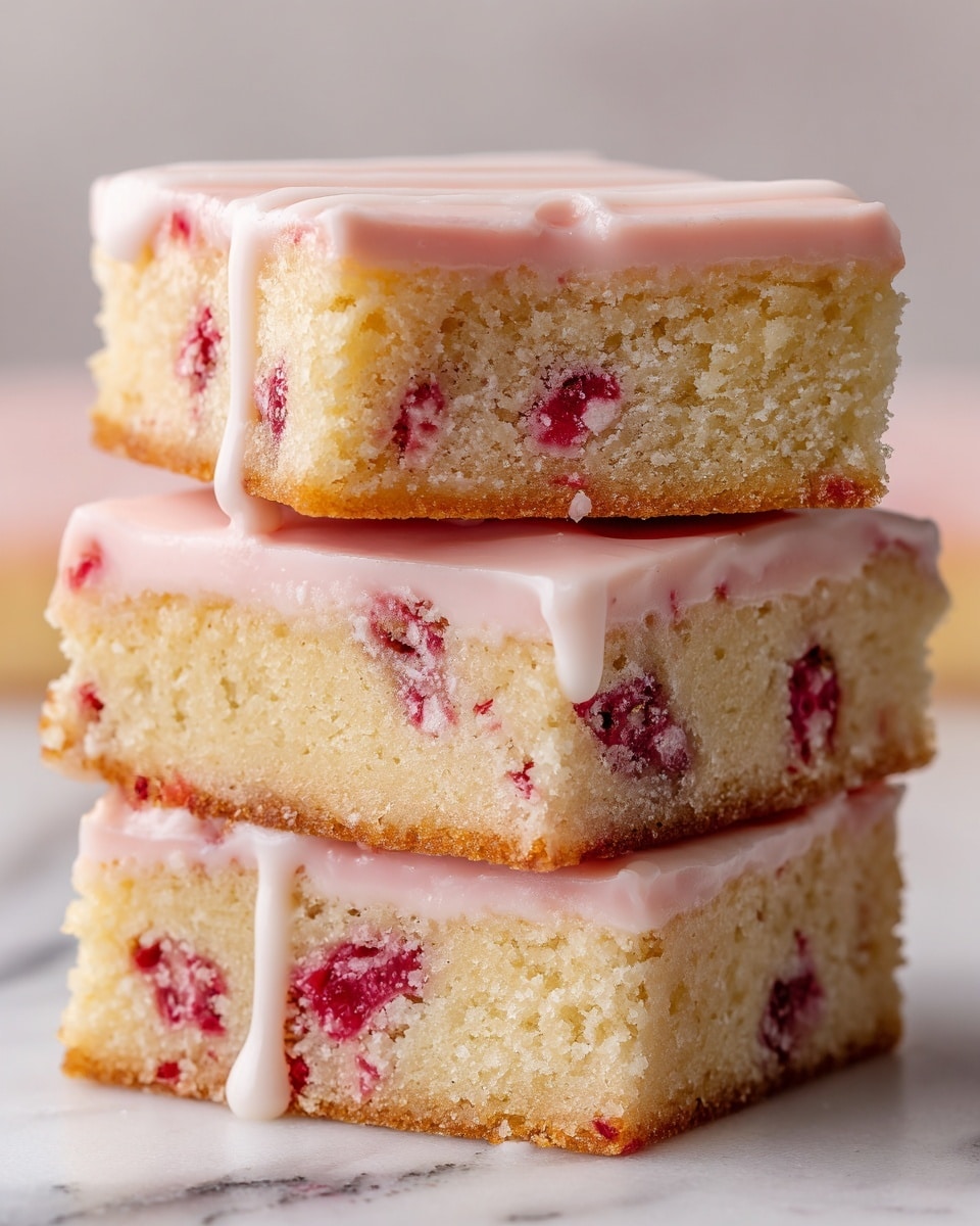 A stack of three square dessert bars is shown, each bar having two main layers. The bottom layer is a light beige cake with a moist and soft texture, scattered with pieces of red fruit inside. The top layer is a thin, smooth pale pink icing that slightly drips down the sides, enhancing the appearance of the red fruit inside the cake. The bars are placed on a white marbled textured surface, and the focus is close to show the texture and color contrast between the cake, fruit, and icing. photo taken with an iphone --ar 4:5 --v 7