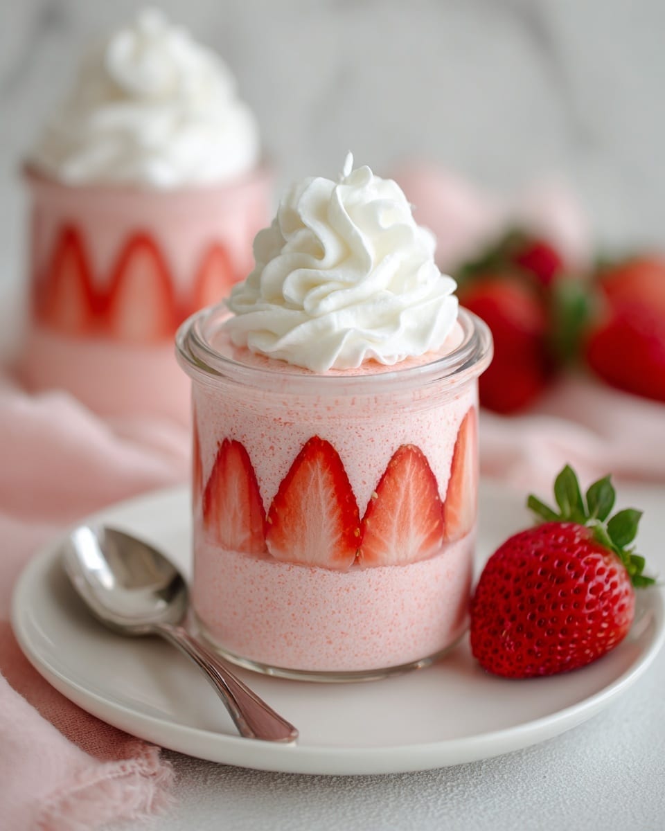 The image shows a small glass jar filled with smooth pink strawberry mousse layered with thinly sliced vertically placed strawberries around the inside edges, creating a red and pink pattern. The mousse fills the glass almost to the top and is topped with a fluffy white swirl of whipped cream. The jar sits on a white plate with a shiny spoon to the left and three whole fresh strawberries scattered to the right. The background surface is a white marbled texture, softly blurred, with another similar jar of mousse visible in the back. photo taken with an iphone --ar 4:5 --v 7