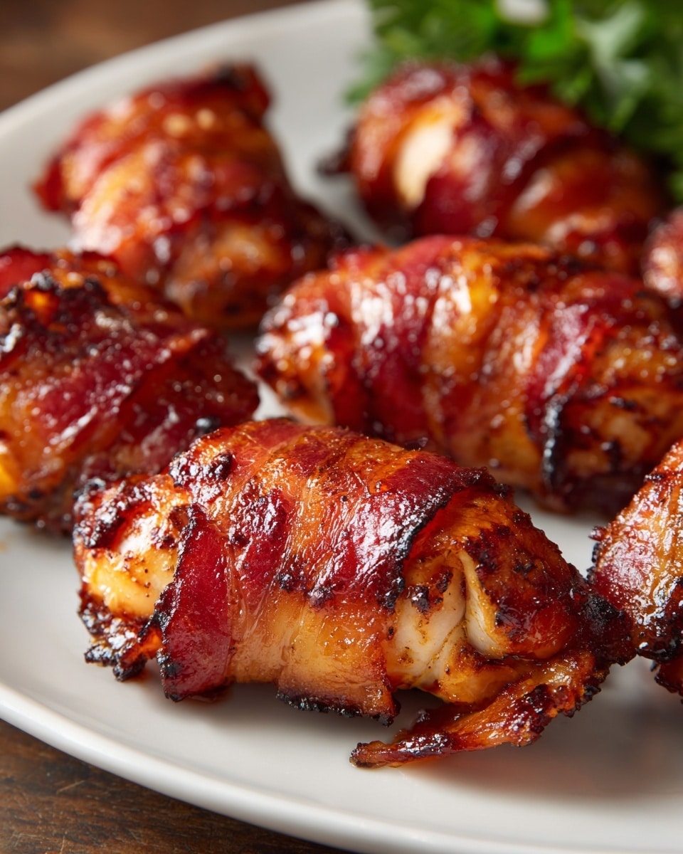 The image shows many bite-sized pieces of chicken wrapped in crispy bacon, arranged closely on a white plate with speckled edges. Each piece has a golden-brown color with shiny, caramelized bacon that looks slightly crisp at the edges. The chicken inside peeks out lightly at the ends with a tender, cooked texture. Some green herbs are visible at the edge of the plate, adding a fresh color contrast to the warm, rich tones of the bacon-wrapped chicken. The scene sits on a white marbled texture, and the photo looks bright and sharp. photo taken with an iphone --ar 4:5 --v 7