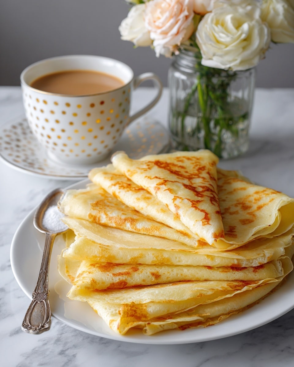 A stack of four folded crepes sits on a white plate, arranged by layering each one slightly over the other in a triangular fold. The crepes show a soft texture with a golden-brown cooked pattern, some parts are lighter beige while others have dark toasted spots. Next to the plate, there is a white cup with gold dots filled with a light brown drink, likely hot chocolate or coffee. A small silver spoon with sugar sits beside the cup on a white marbled surface. Behind the plate and cup, there is a glass jar with white and pale pink flowers adding a soft natural touch. photo taken with an iphone --ar 4:5 --v 7