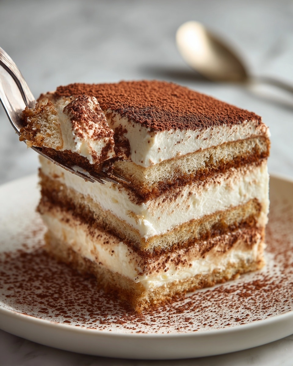 A close-up of a sliced tiramisu cake with five visible layers, starting from the bottom a light tan sponge soaked with coffee, followed by a thick white creamy layer, then a coffee-soaked sponge layer with a darker brown color, another white creamy layer, a thin coffee-soaked sponge layer, and a smooth top layer of white cream dusted with a thick, even layer of cocoa powder covering the entire surface; the cake is resting on a wooden board with some cocoa powder scattered around, and a silver utensil lifting a slice from the cake, all set against a white marbled texture background. photo taken with an iphone --ar 4:5 --v 7