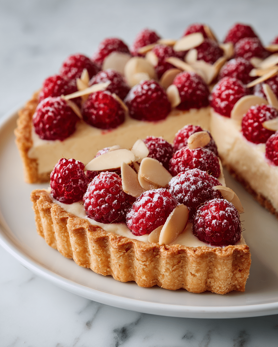 A small tart with three visible layers sits on a white plate over a white marbled surface. The bottom layer is a golden-brown, crumbly pastry crust with scalloped edges. The middle layer is creamy and pale beige, smooth and thick filling. On top, there are bright red raspberries arranged closely together, each raspberry textured with small seeds and covered lightly with powdered sugar. Scattered almond slices add a light beige contrast among the raspberries. Photo taken with an iphone --ar 4:5 --v 7
