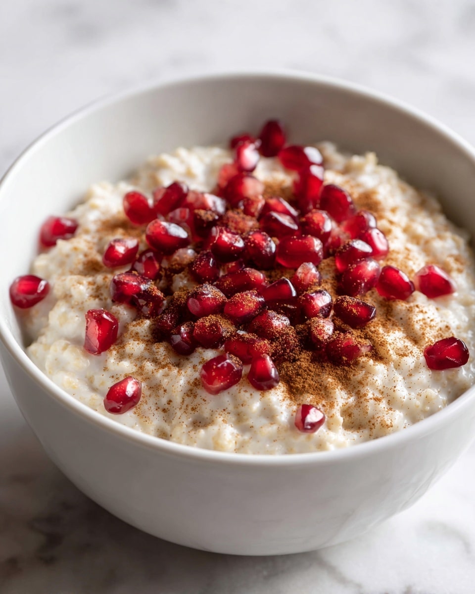 A white bowl filled with a creamy, light beige porridge-like dish, topped with small bright red pomegranate seeds scattered evenly across the surface, along with a light sprinkle of crushed nuts or cinnamon adding texture and color contrast. The bowl sits on a white marbled surface. Photo taken with an iphone --ar 4:5 --v 7