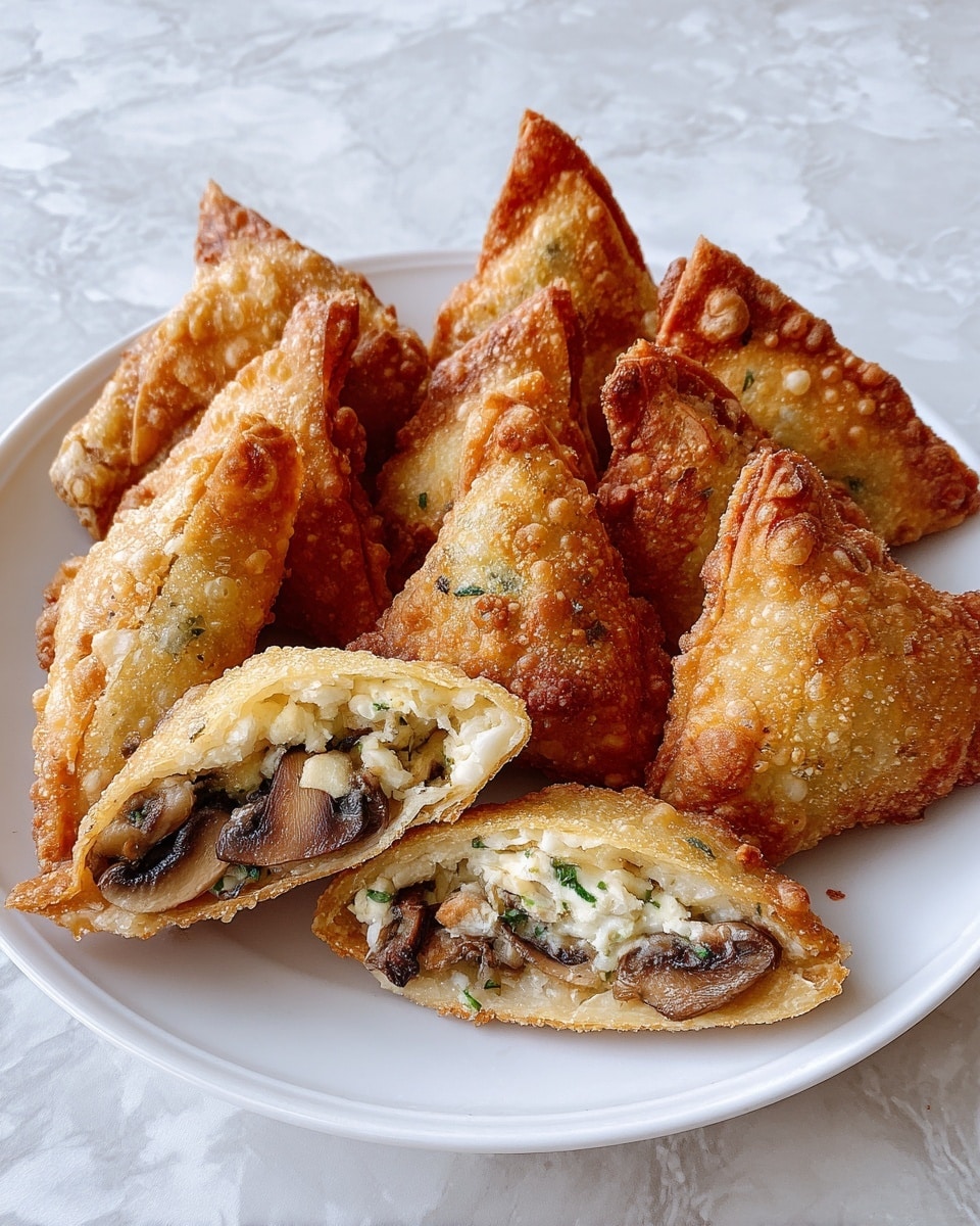 The image shows a white plate filled with golden brown, crispy croquettes stacked in a small pile. One croquette is cut in half and placed in front, revealing a soft, creamy filling with visible pieces of mushrooms inside. The croquettes have a crunchy breaded texture on the outside and a smooth, creamy inside that contrasts with the crisp shell. The plate sits on a white marbled surface, with a blurred background that includes some mushrooms and greenery. photo taken with an iphone --ar 4:5 --v 7