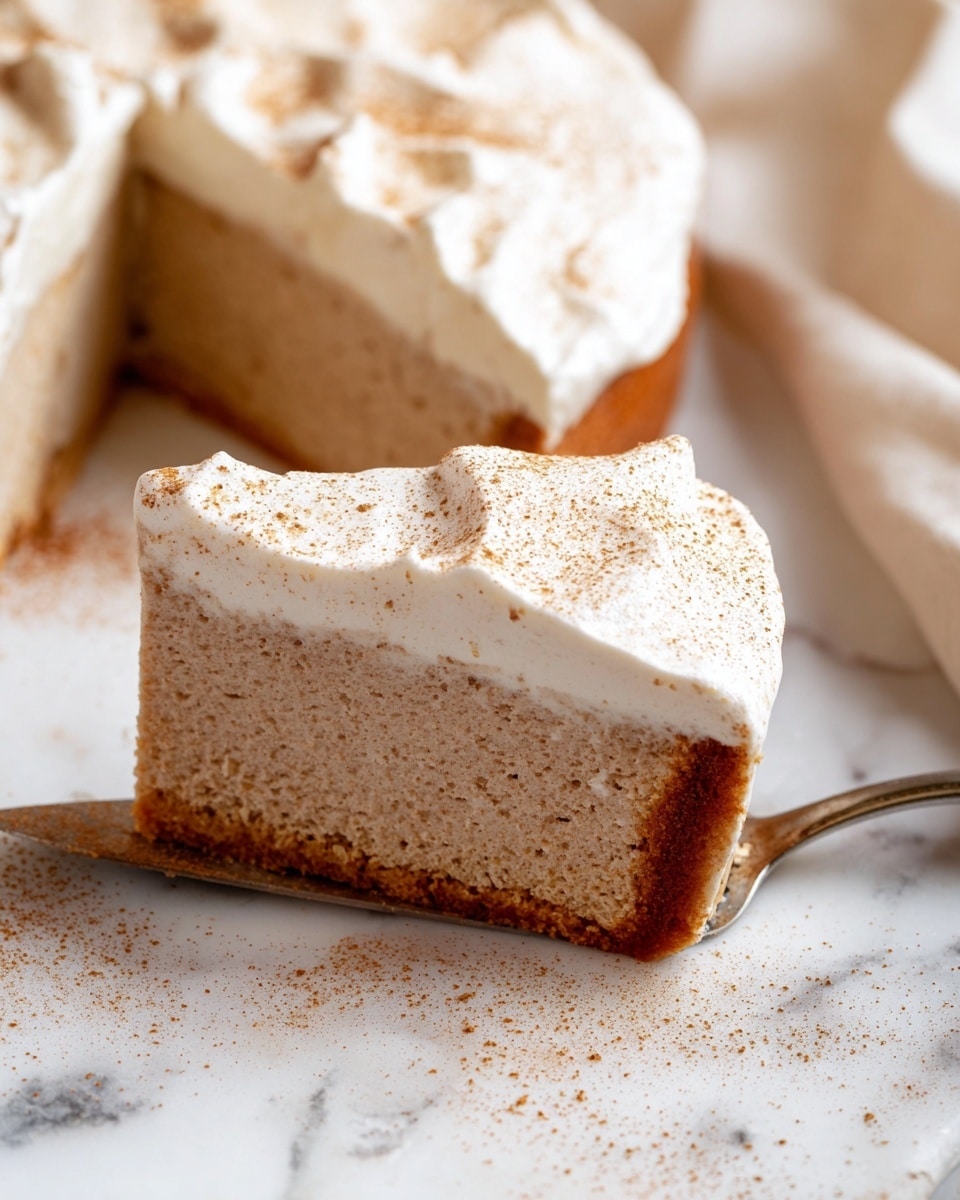 The image shows a slice of creamy cake with two distinct layers on a white marbled surface. The bottom layer is a dense, brown crumbly crust, while the top layer is a thick, light beige cake with a slightly grainy texture. The cake is topped with a fluffy layer of white cream, sprinkled lightly with cinnamon powder. One slice is removed slightly from the rest of the cake, revealing the layers clearly. A large white ceramic bowl is partially visible in the background. Photo taken with an iphone --ar 4:5 --v 7