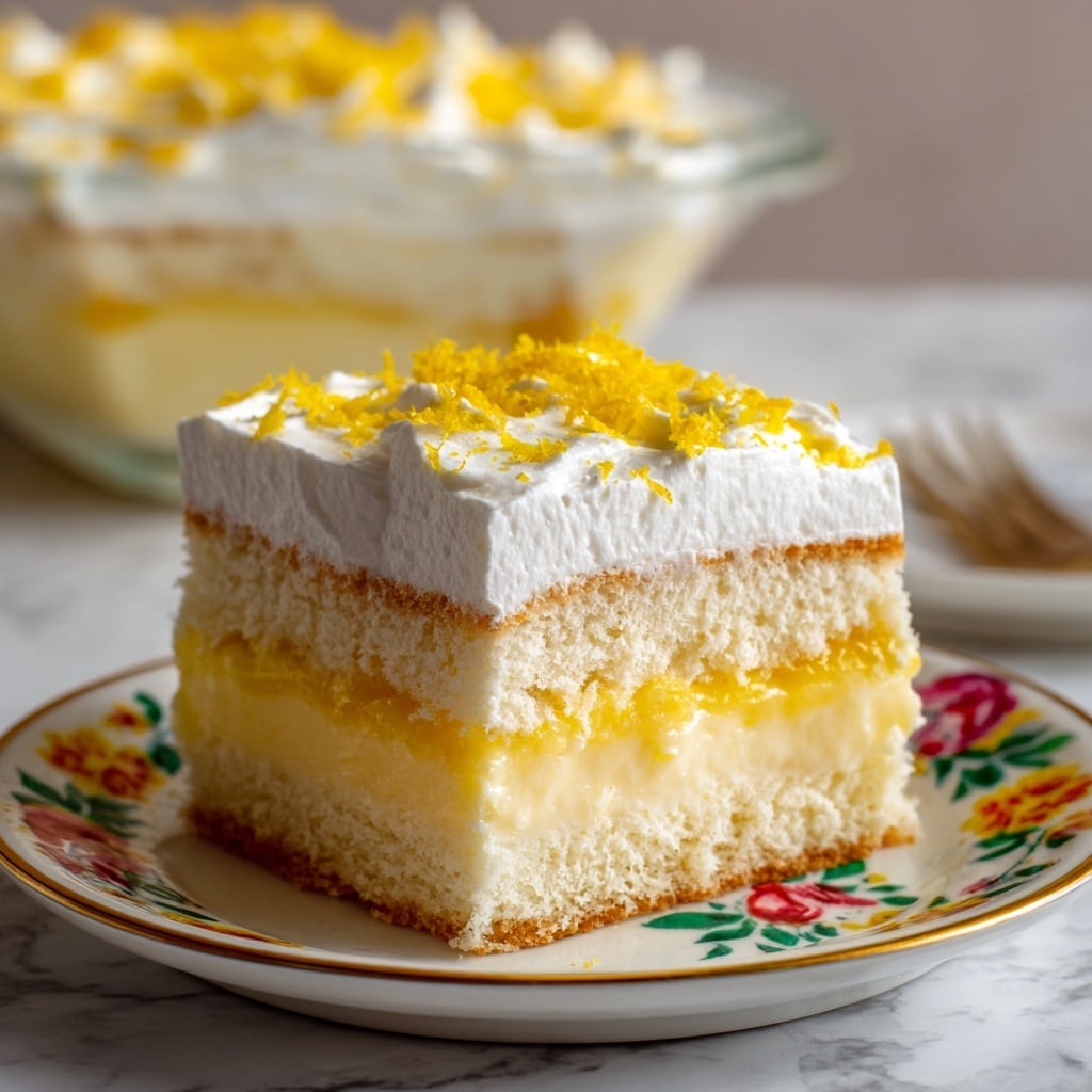 A square slice of a creamy layered dessert sits on a white plate with a colorful floral design, placed on a white marbled surface. The dessert consists of three visible layers of pale, soft, sponge cake that are light brown on the edges and white inside. Between these sponge layers are two thick, rich layers of smooth, pale yellow pudding cream. On top, there is a thick layer of white whipped cream sprinkled with finely grated yellow cheese or zest. In the background, a shallow clear glass bowl filled with more of the dessert is slightly out of focus. Photo taken with an iphone --ar 4:5 --v 7