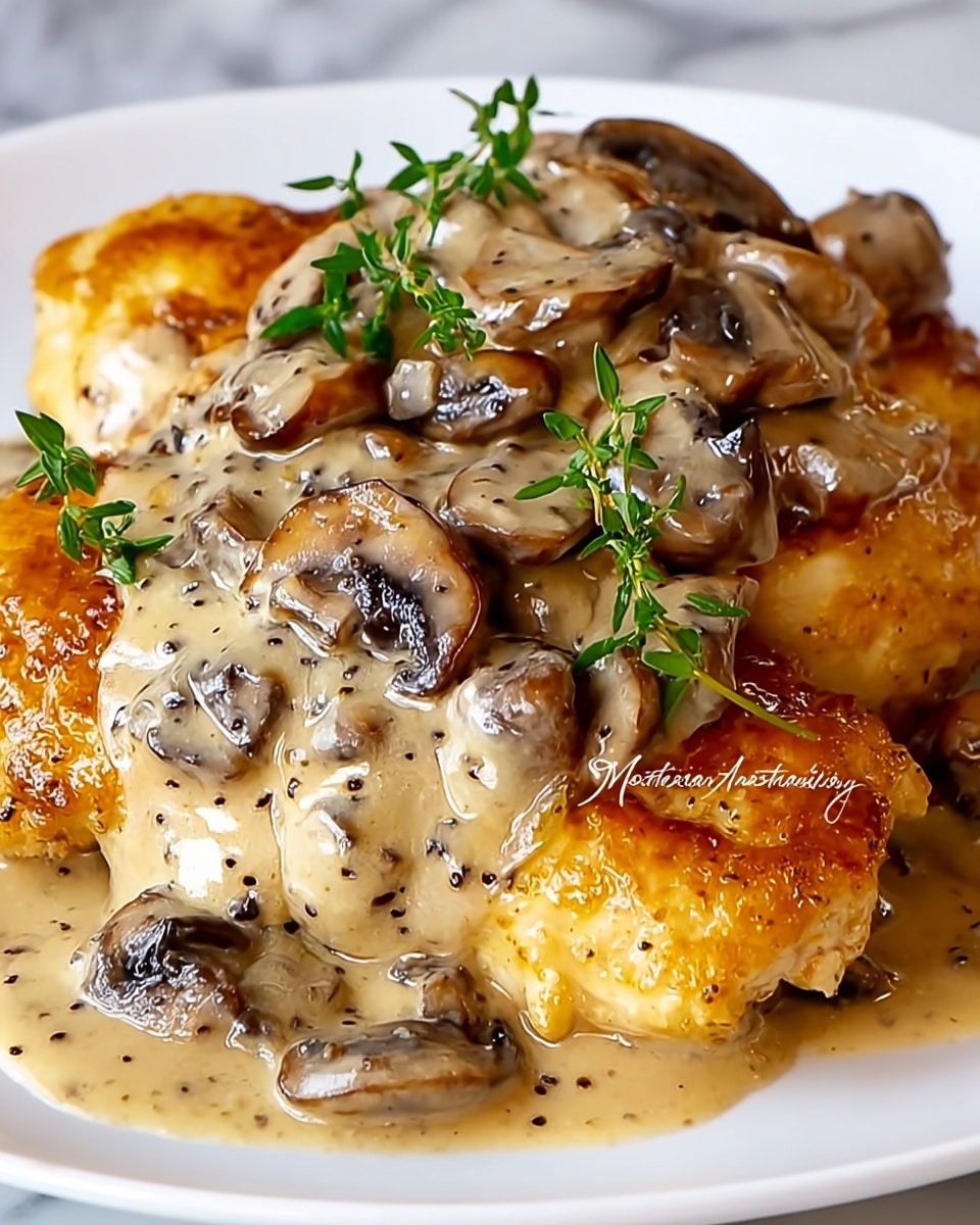 The image shows a white plate with golden-brown chicken cutlets as the base layer, covered by a thick, creamy beige mushroom sauce with visible sliced dark brown mushrooms on top. The chicken pieces have a slightly crispy texture with browned spots, and the sauce looks smooth and glossy, coating the chicken fully. Fresh green herb sprigs, likely thyme, are placed on top as a garnish, adding a pop of color and freshness. The dish is presented on a white marbled surface. Photo taken with an iphone --ar 4:5 --v 7