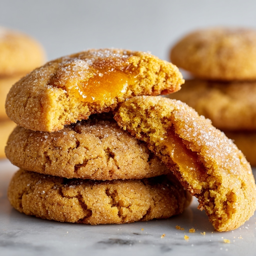 The image shows a close-up of a stack of golden brown cookies with a rough, crumbly texture. One cookie on top is broken in half, revealing a gooey, bright orange filling inside. The cookies have a slightly uneven shape with a crispy edge and a soft, chewy center, sprinkled lightly with sugar crystals. The background is a white marbled texture. photo taken with an iphone --ar 4:5 --v 7