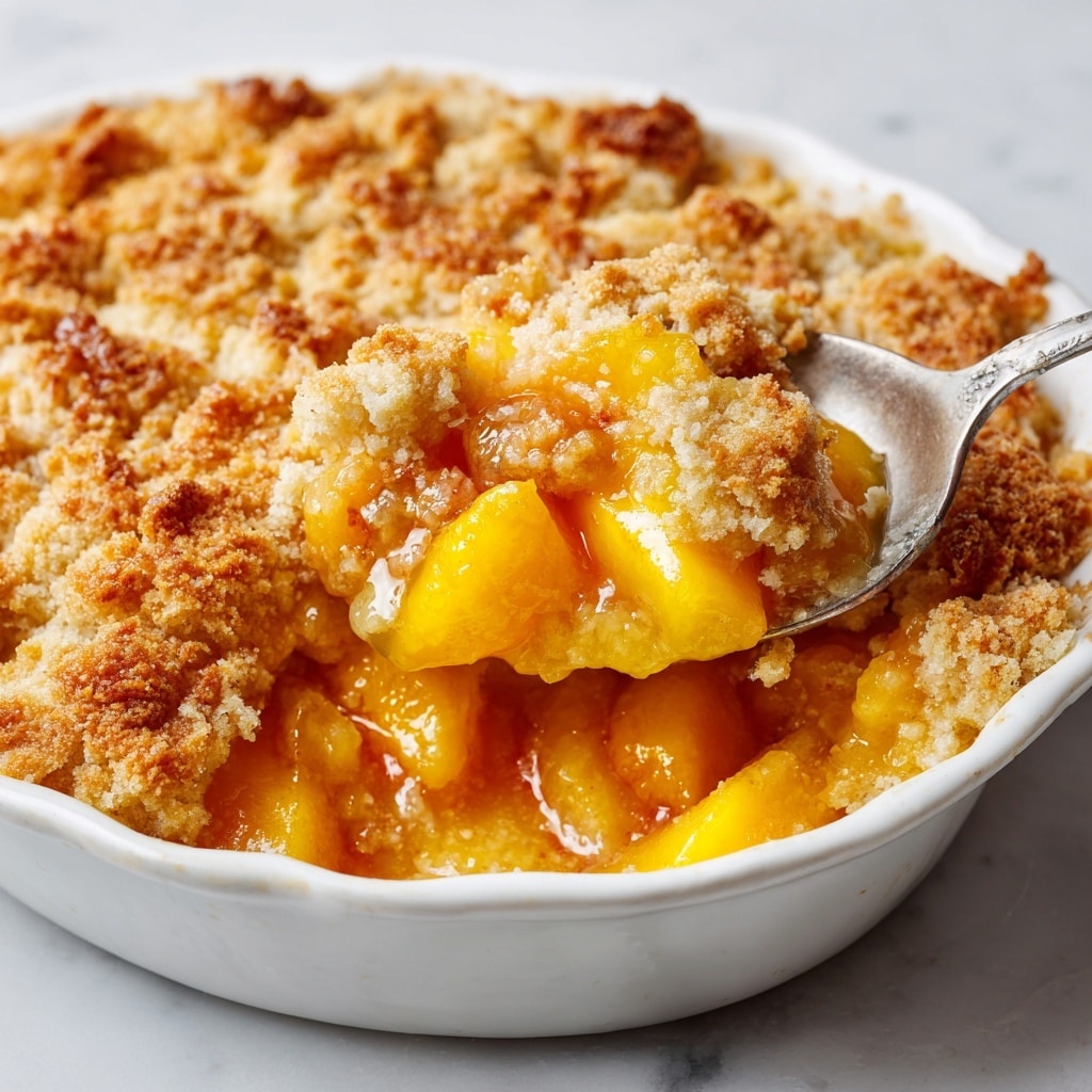 The image shows a close-up of a baked peach cobbler in a white dish. The top layer is golden brown with a crumbly texture and bits of cooked peaches visible throughout. Underneath, there is a thick layer of soft, juicy, bright orange peach pieces mixed with a creamy sauce. A spoon is scooping out a portion of the cobbler, showing the soft peach layer below the crust. The white marbled background adds a clean and bright feel to the image. photo taken with an iphone --ar 4:5 --v 7