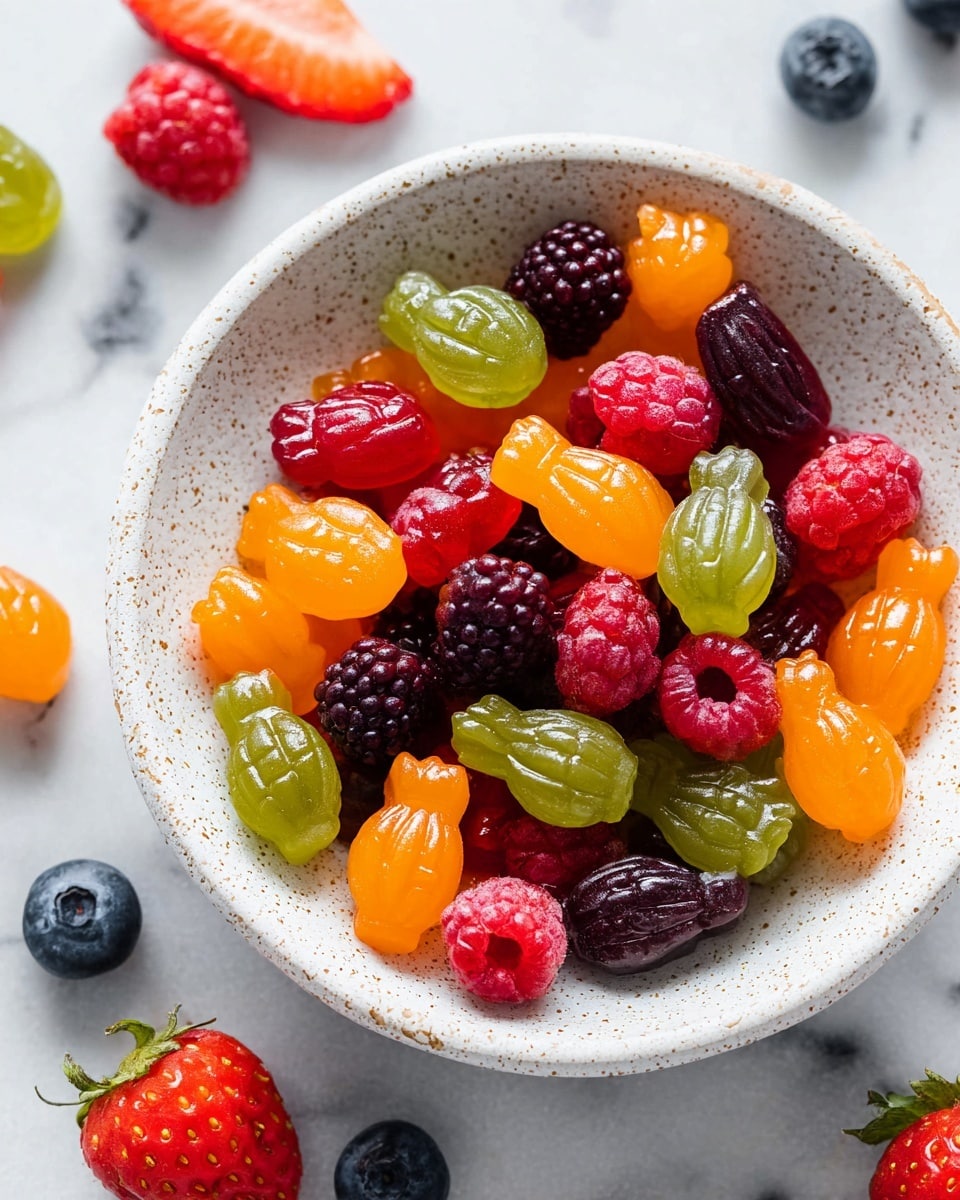 A white speckled bowl filled with colorful gummy candies shaped like pineapples, apples, cherries, and blackberries, with bright orange, green, red, and dark purple translucent colors. The gummies have a shiny, smooth texture and are layered closely together in the bowl, mixing the different shapes and colors evenly. The bowl is placed on a white marbled surface, with a few scattered fresh fruit pieces like a strawberry slice, blueberries, green grapes, and spinach leaves around it. Photo taken with an iphone --ar 4:5 --v 7
