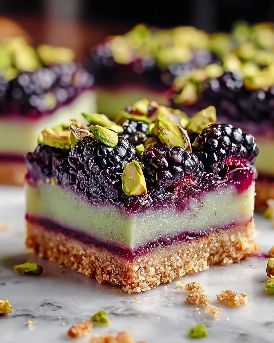 A square dessert bar with four visible layers sits on a white marbled surface. The bottom layer is a crumbly, light brown crust. Above it is a thick, pale green layer with a smooth texture. The next layer is a bright purple, glossy fruit filling. The top layer is made of whole blackberries and roughly chopped bright green pistachios scattered generously. Small bits of crust are scattered around the dessert on the surface. In the blurred background, more of these bars can be seen. photo taken with an iphone --ar 4:5 --v 7