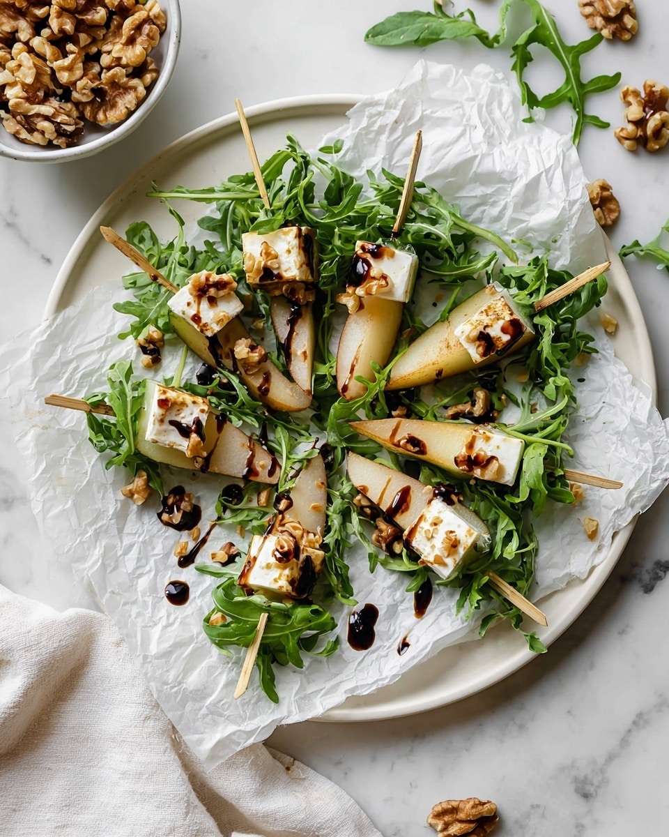A white plate lined with crumpled white parchment paper holds several skewers arranged in a circular pattern. Each skewer has three layers: a light brown, slightly grilled pear slice at the bottom; a small bunch of fresh green arugula in the middle with leafy texture; and a piece of creamy white cheese topped with small golden-brown walnut pieces, drizzled with glossy dark balsamic glaze that also dots the parchment around the skewers. There is a small white bowl filled with walnuts on the side and a white cloth napkin partially visible near the plate, all set on a white marbled surface. photo taken with an iphone --ar 4:5 --v 7
