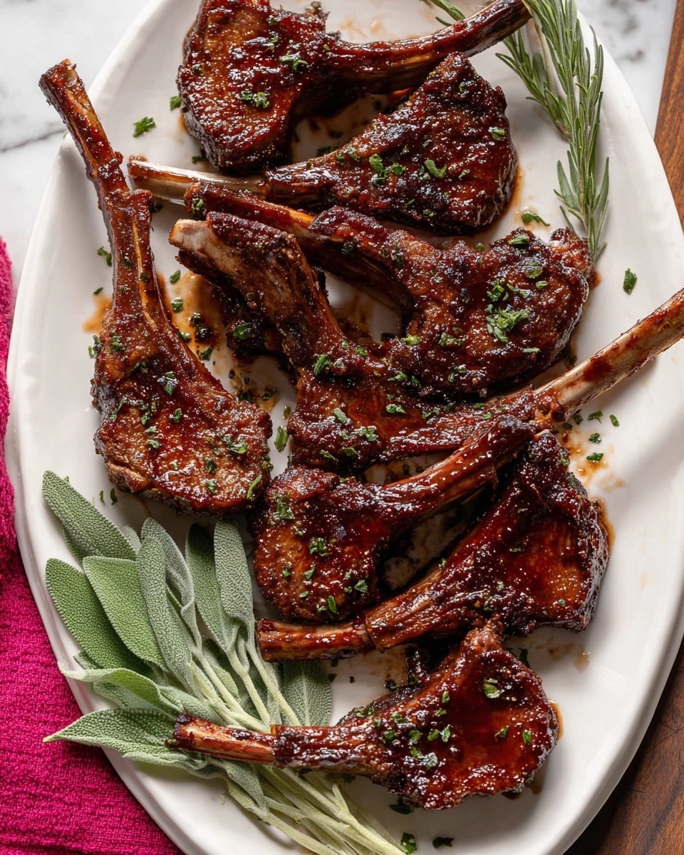 The image shows a white oval plate filled with eight grilled lamb chops, each chop having a long bone and dark brown, crispy meat glazed with a shiny sauce. The lamb chops have a slightly charred texture and are sprinkled with finely chopped green herbs. A small bunch of fresh sage leaves is placed at the bottom left corner of the plate. The plate rests on a white marbled surface, with a bright pink cloth partially visible on the bottom right side. photo taken with an iphone --ar 4:5 --v 7