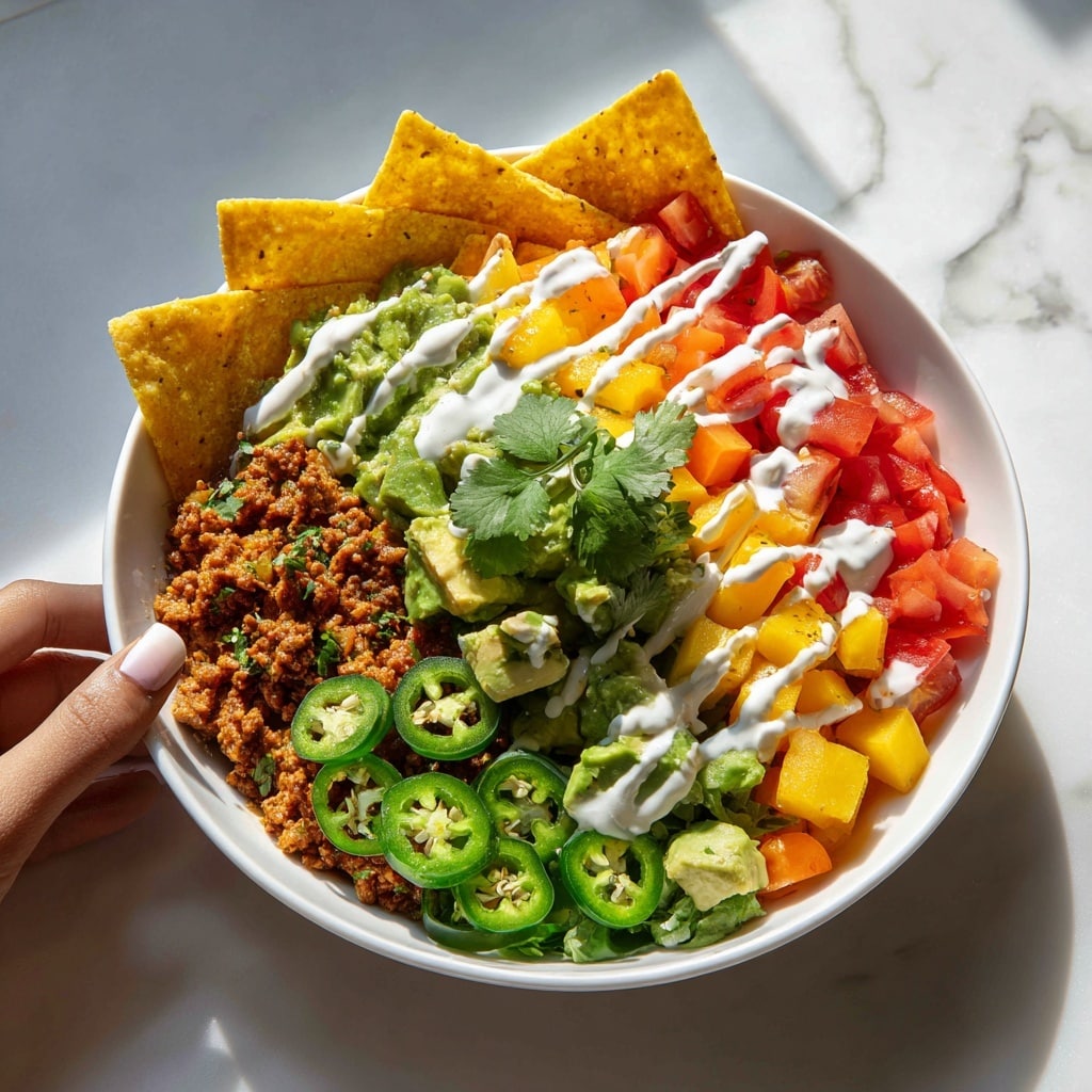 The dish is presented in a white bowl resting on a white marbled surface. The bowl is filled with several colorful layers neatly arranged side by side. Starting from the top and moving clockwise, there are golden yellow tortilla chips, bright green chopped avocado pieces with a sprig of cilantro, small cubes of orange mango, and bright red chopped tomatoes. Close to the edge of the bowl, there are thick white sauce or dressing drizzled over the layers, and on the left side, there is a layer of ground meat with creamy white sauce. At the bottom left, there are fresh green jalapeño slices adding a pop of color. The light creates soft shadows, and a woman's hand is nearby, about to pick a tortilla chip. Photo taken with an iphone --ar 4:5 --v 7