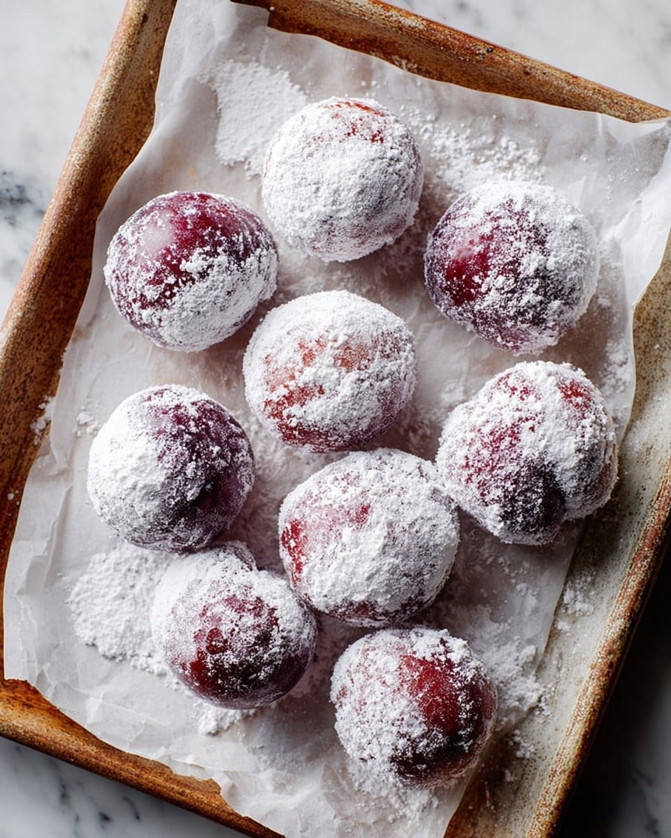 A tray lined with white parchment paper holds eleven round dark red plums, each covered with a thick layer of white powdered sugar. The powdered sugar is uneven, allowing patches of the deep purple-red skin to peek through. Some sugar is spilled around the plums on the parchment, adding texture and contrast. The tray edges are rustic and brownish, sitting on a white marbled surface. photo taken with an iphone --ar 4:5 --v 7