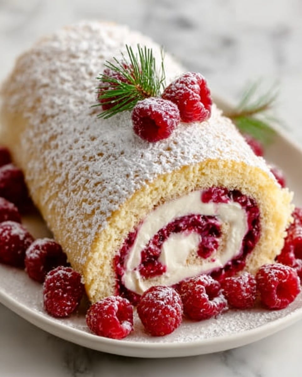 A rolled cake with a light golden sponge exterior dusted with powdered sugar sits on a white plate. Inside, there are visible swirls of white cream and a rich red raspberry filling, creating a clear spiral pattern. Fresh raspberries are scattered around the base of the cake on the plate, and a small sprig of green pine with a few raspberries rests on top as decoration. The cake texture looks soft and moist. The background is a white marbled surface. Photo taken with an iphone --ar 4:5 --v 7