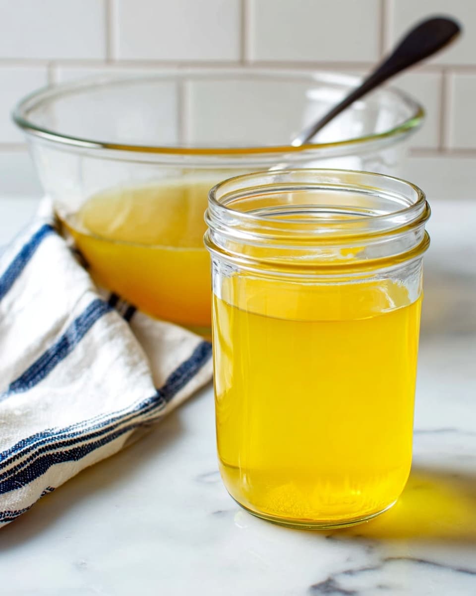 A clear glass jar filled about three-quarters with a bright yellow, translucent liquid sits on a white marbled surface. Behind it, a large clear glass mixing bowl holds more of the same yellow liquid, with a dark spoon resting inside. To the left, a white cloth with dark blue stripes is partially visible. The background shows white tiled walls, creating a clean and simple kitchen setting. photo taken with an iphone --ar 4:5 --v 7