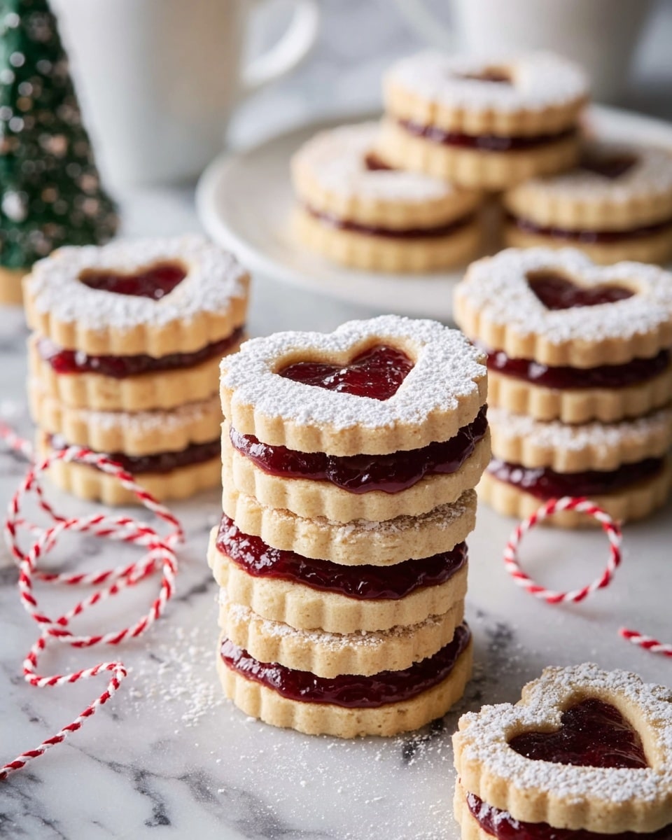 The image shows several sandwich cookies stacked on a white marbled surface. Each cookie has two layers of light golden, scalloped-edged shortbread with a thick layer of dark red jam in the middle. The top layer of each cookie has a heart-shaped cutout revealing the jam, and the surface is dusted with white powdered sugar. In the background, more cookies rest on a white plate, along with a small Christmas tree decoration and white cups. Red and white twisted string is loosely placed around the cookies. Photo taken with an iphone --ar 4:5 --v 7