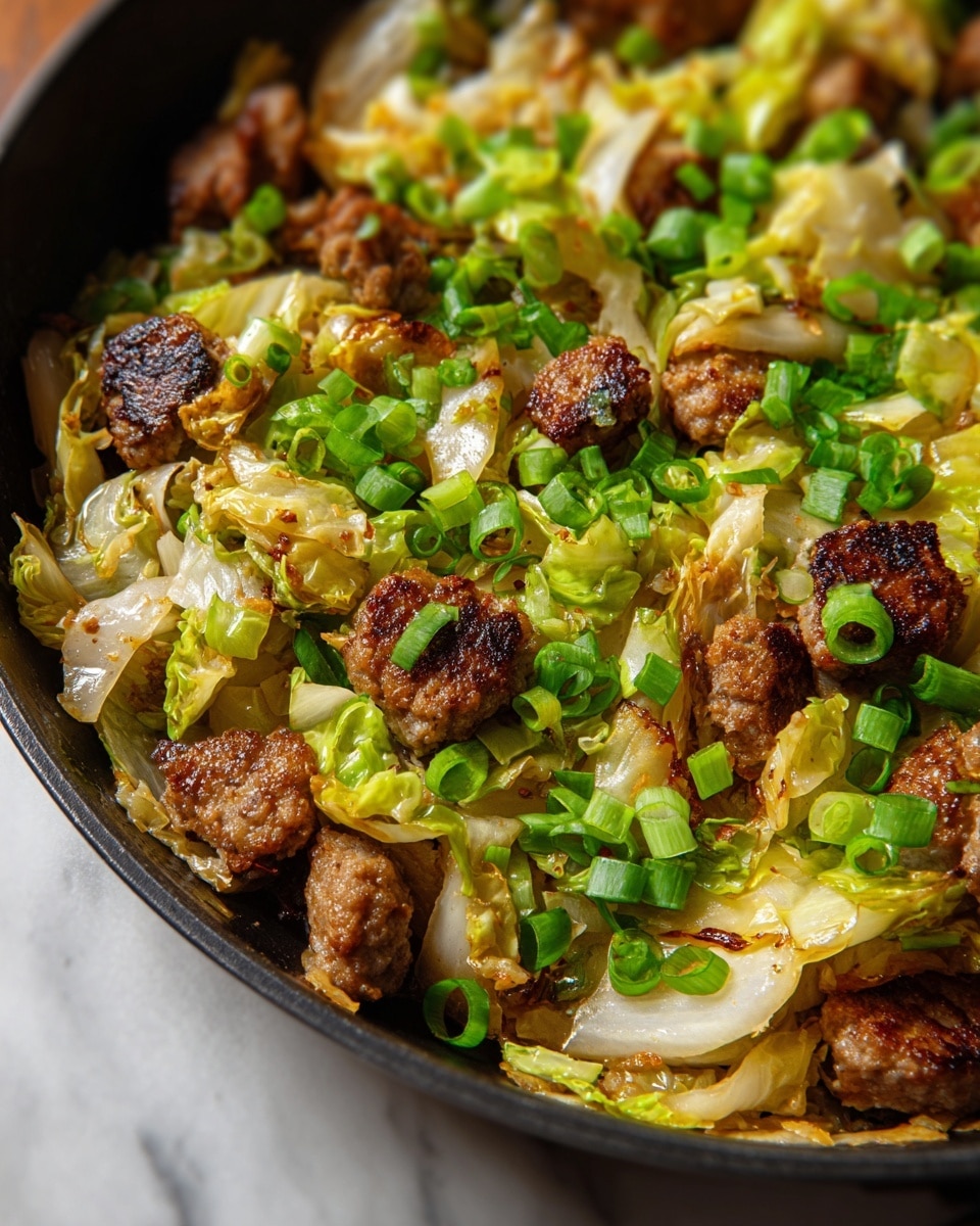 A close-up view of a cooked dish in a black pan placed on a white marbled surface, showing a mix of browned sausage pieces and sautéed light green cabbage chunks with some edges turning golden brown. Scattered bright green chopped scallions top the dish, adding freshness and color contrast. The textures vary from the crisp golden edges of cabbage to the juicy, seared sausage bits. Photo taken with an iphone --ar 4:5 --v 7