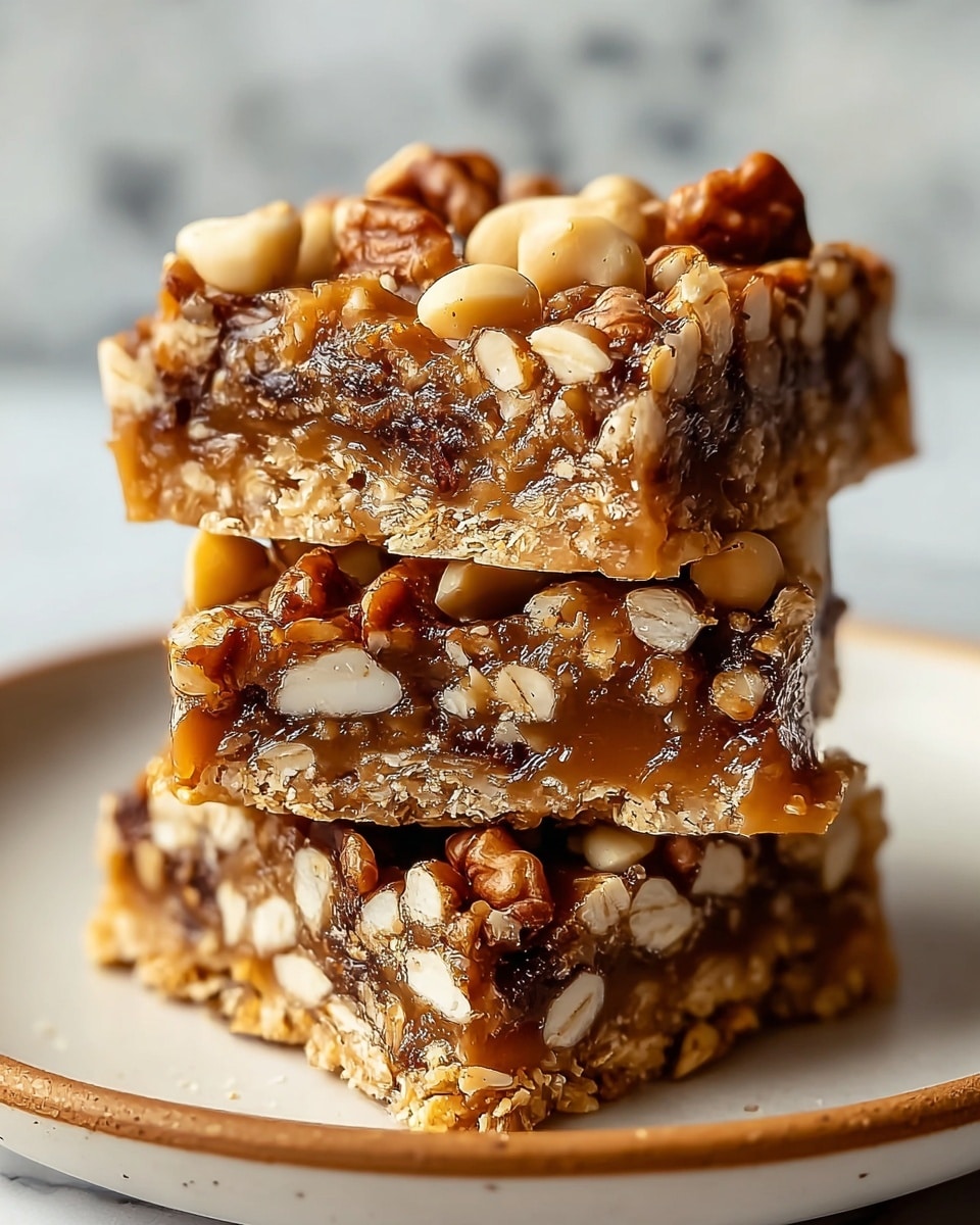 There are three square nut and oat bars stacked on top of each other on a white plate with a light brown edge. Each bar shows an inside layer of caramel-colored goo mixed with pieces of tan nuts and light brown oats. On the top layer, whole darker brown nuts are visible, making a rough texture. The bars have a shiny, sticky look with bits of oats and nuts sticking out on the sides. The background is blurred with a white marbled texture. photo taken with an iphone --ar 4:5 --v 7