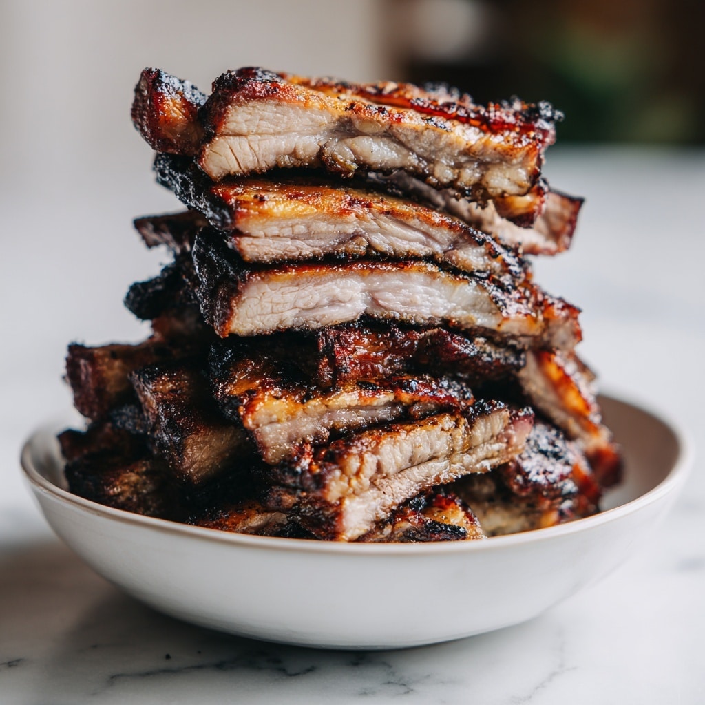 A tall stack of grilled meat slices is arranged vertically in a plain white bowl. The meat has a crispy, dark brown outer layer with visible grill marks and a juicy, light pinkish interior. The layers vary in thickness and are slightly uneven, showing a mix of tender and well-cooked textures. The bowl sits on a white marbled surface, and the background is softly blurred, focusing attention on the meaty stack. Photo taken with an iphone --ar 4:5 --v 7