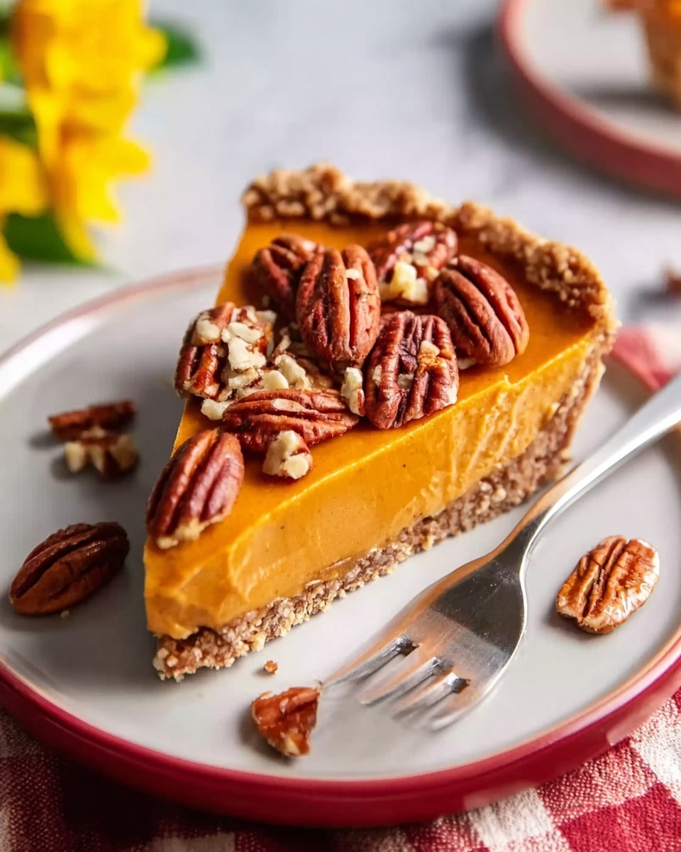 A slice of pie with three layers is on a white plate. The bottom layer is a crumbly, light brown crust with a rough edge. The middle layer is smooth and orange, filling most of the slice. The top layer has whole pecans and some chopped pecans scattered on the surface, adding a dark brown and wooden texture. A silver fork is placed on the right side of the plate, and small pieces of pecans are around it. The background is a white marbled texture with a bit of a red checked cloth and some yellow flowers blurred behind. Photo taken with an iphone --ar 4:5 --v 7