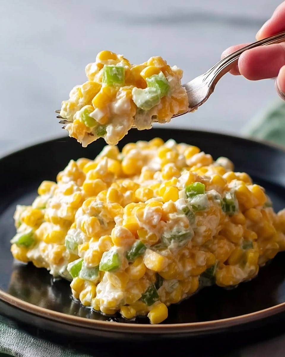 A close-up of a creamy corn salad with three visible layers: the bottom layer is a bright yellow mix of soft corn kernels, the middle layer shows creamy, white dressing evenly coating the corn, and interspersed throughout are small pieces of green bell pepper adding texture. A woman's hand holding a fork lifts a scoop of the salad away from a smooth, shiny black plate. The background is softly blurred, and the surface the plate rests on is a white marbled texture. photo taken with an iphone --ar 4:5 --v 7