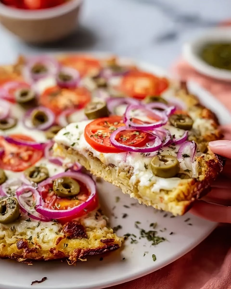 A close-up of a pizza slice being lifted by a woman's hand from a white plate, showing three visible layers: a golden, crispy crust at the base with a slightly uneven texture, a layer of melted white cheese on top, and a variety of fresh toppings including sliced red tomatoes, thin rings of purple onion, and green olive slices scattered evenly across the surface. The pizza is placed on a white marbled surface, with some green herb flakes sprinkled lightly over the cheese and toppings. The background is softly blurred, giving focus to the pizza slice and white plate. Photo taken with an iphone --ar 4:5 --v 7