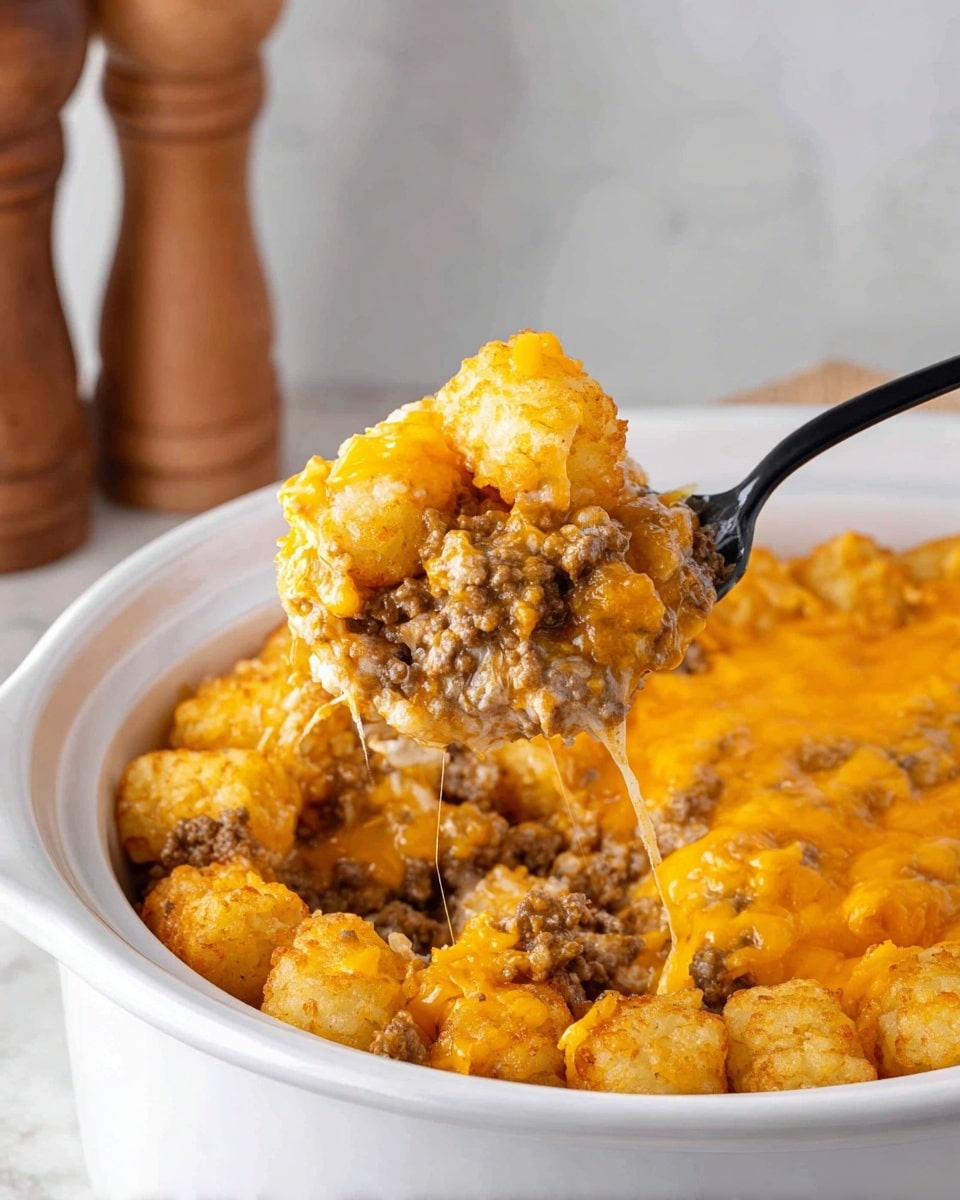 The dish shows a white round bowl filled with a layered casserole. The bottom layer appears to be soft, golden-brown tater tots arranged evenly, covered by a thick layer of melted orange cheddar cheese with a gooey, slightly shiny texture. Above this is a layer of cooked ground beef, browned and well-mixed with the cheese. The top layer includes chunky pieces of tater tots coated in melted cheddar, creating a textured surface. The mixture looks warm and creamy, with a black spoon scooping a thick portion from the bowl. The background is a white marbled texture with two wooden salt and pepper shakers slightly blurred behind the bowl. photo taken with an iphone --ar 4:5 --v 7