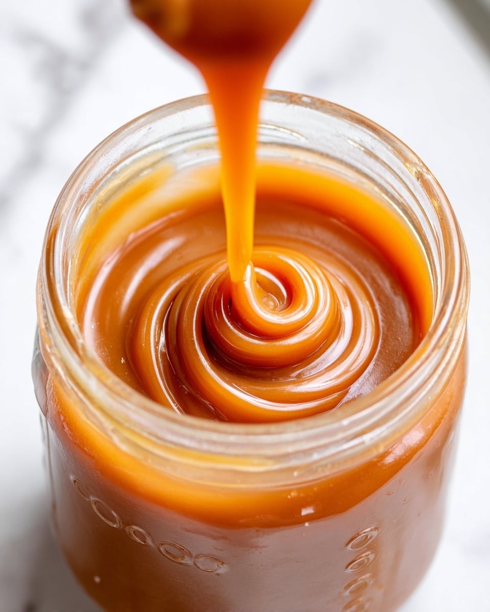 A close-up view inside a clear glass jar filled with thick, shiny caramel sauce. The sauce is a rich, smooth orange-brown color and is swirling in a spiral shape as it is being poured or dripped back into the jar, creating a glossy, creamy texture with a raised center loop. The jar sits on a white marbled surface, and the caramel sticks slightly to the jar's inner rim, showing its thick consistency. photo taken with an iphone --ar 4:5 --v 7