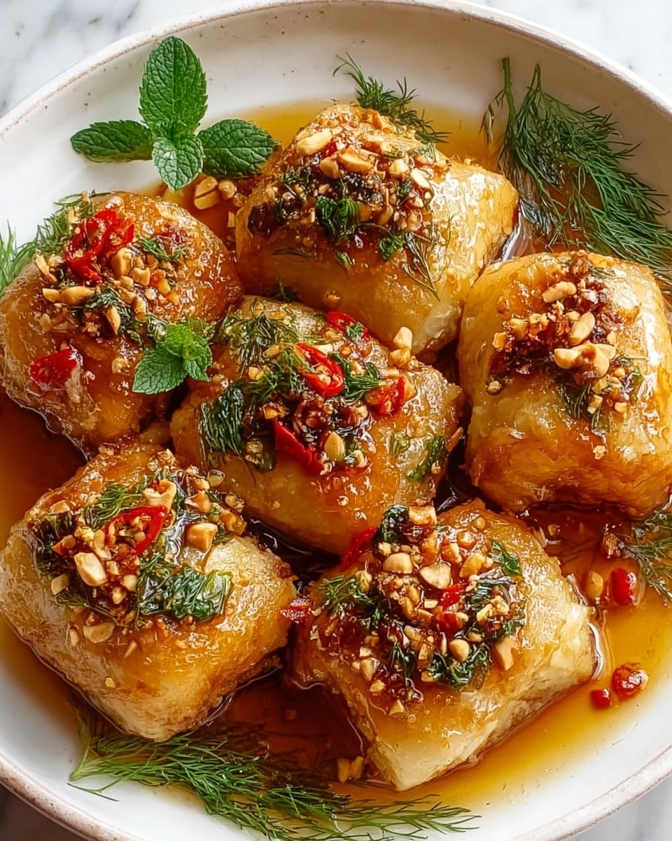 The image shows six golden brown rolls with a shiny, crispy texture placed on a white plate. Each roll is topped with small pieces of red chili, crushed peanuts, and green herbs like dill and mint leaves, creating a colorful contrast. The rolls sit in a shallow pool of light brown sauce that looks slightly oily. Around the rolls, sprigs of fresh green dill decorate the plate, adding a fresh touch. The scene is set on a white marbled surface. Photo taken with an iphone --ar 4:5 --v 7
