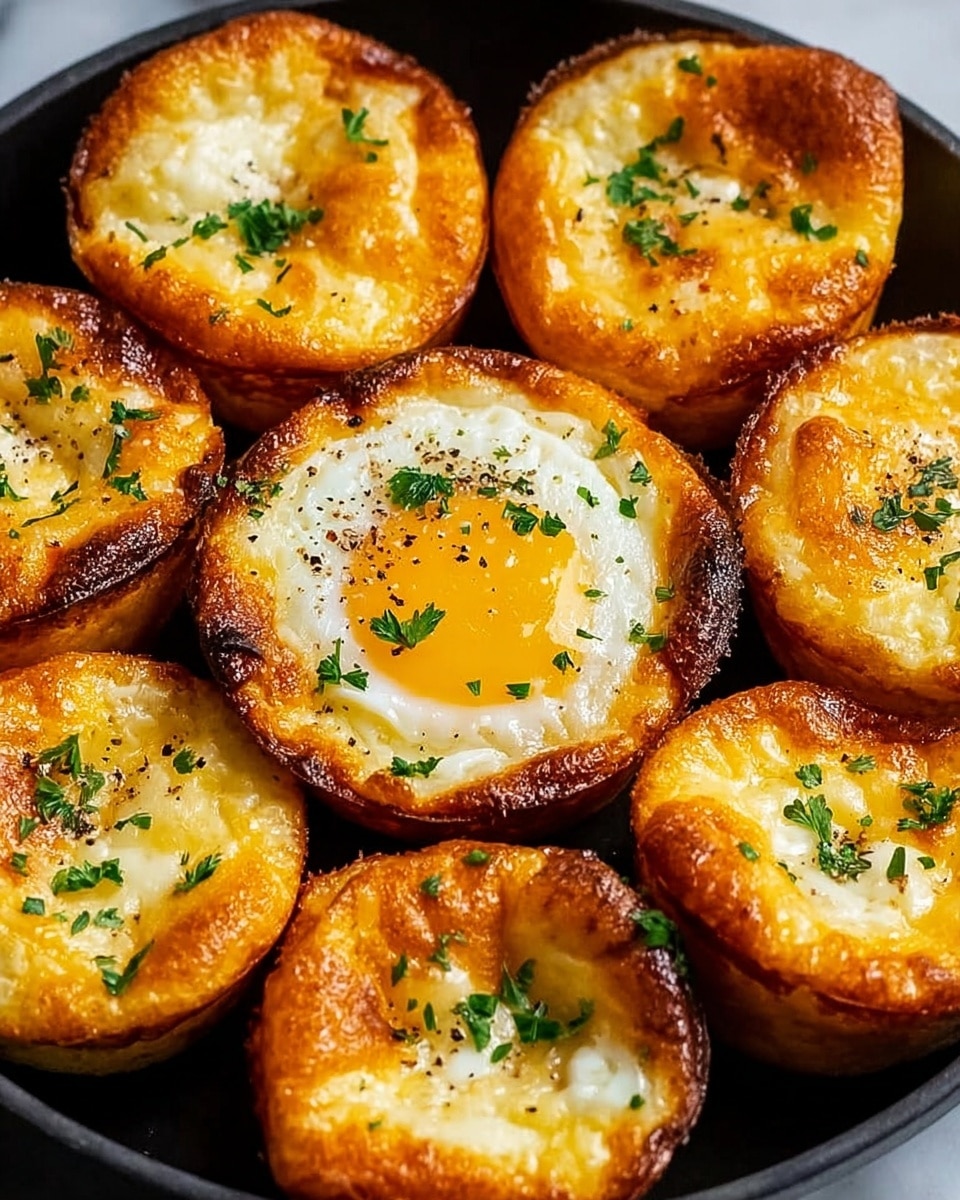 Seven golden brown egg muffins are arranged in a black round pan on a white marbled surface. Each muffin has a crispy outer edge with a soft, fluffy inside, topped with melted cheese and small bits of green parsley. One muffin in the center shows a sunny-side-up egg with a bright yellow yolk, surrounded by white egg whites, also sprinkled with parsley and black pepper. The muffins have a rich texture with browning details from baking, making them look warm and appetizing. photo taken with an iphone --ar 4:5 --v 7