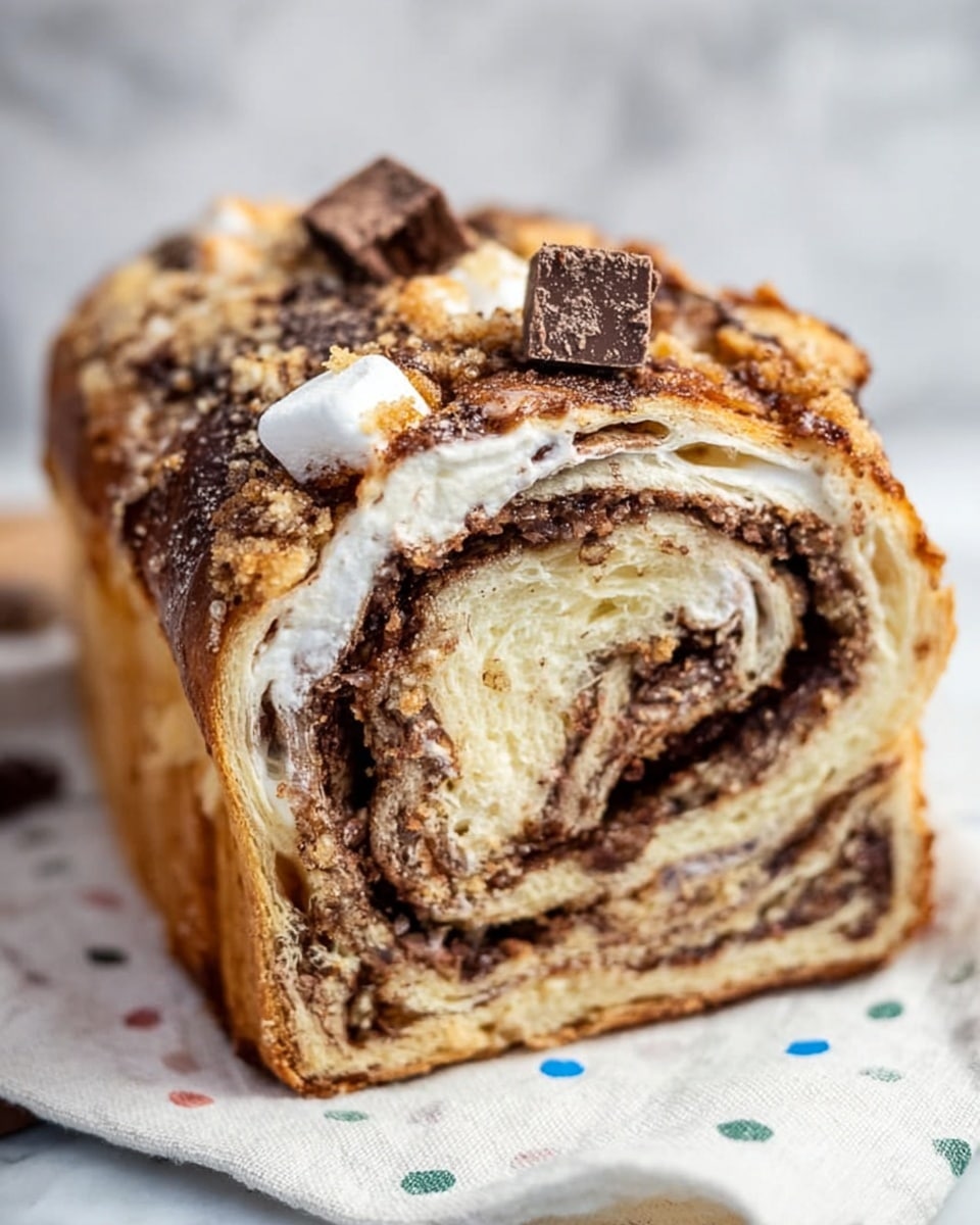 The image shows a close-up of a braided bread loaf with multiple swirled layers of dough and chocolate filling. The bread’s outer crust is golden brown and slightly crispy, while the inside has a soft, fluffy texture with dark brown chocolate swirls running through each layer. On top, there are melted marshmallows that are toasted to a light golden color, along with pieces of solid chocolate embedded in the gooey marshmallow layer. The loaf sits on a white cloth with small colored dots on a white marbled surface. Photo taken with an iphone --ar 4:5 --v 7