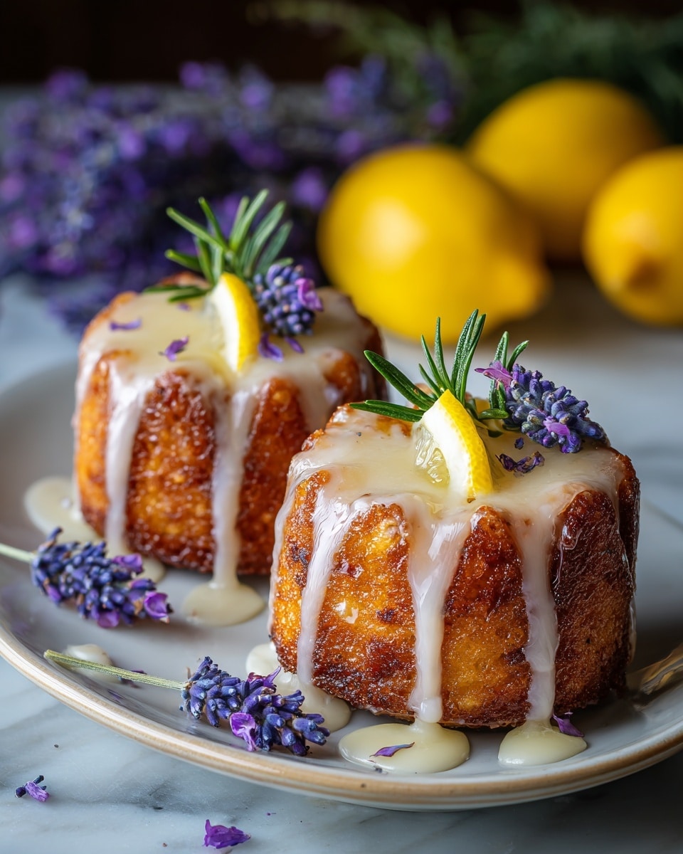 Two small, round bundt cakes with a rich golden-brown crust are placed side by side on a white plate. Each cake is drizzled with a shiny, creamy white glaze that runs down their ribbed sides and pools around the base. On top of each cake are small yellow lemon wedges and sprigs of fresh green rosemary, accented with tiny purple lavender petals scattered over the glaze and plate. Around the plate lies a small bunch of lavender flowers, and in the blurred background, bright yellow lemons and more lavender create a soft, colorful setting. The scene sits on a white marbled surface, adding an elegant touch. photo taken with an iphone --ar 4:5 --v 7