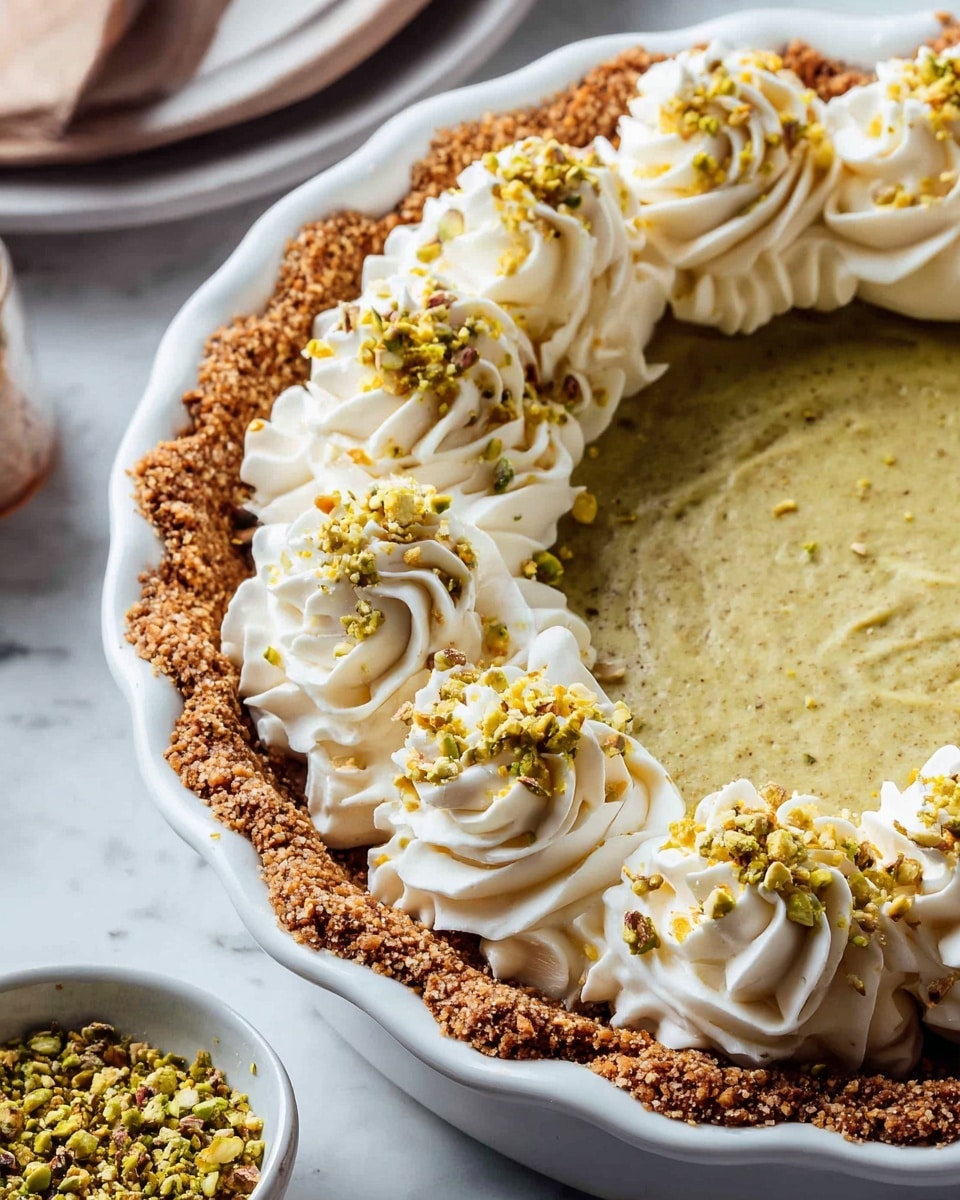 A close-up view of a pie in a white pie dish with a crimped, golden-brown crust forming the bottom and sides as the first layer. The second layer is a smooth, finely ground greenish pistachio filling that covers the bottom inside the crust. On top of this is a ring of white whipped cream swirled into rosettes, each topped with a sprinkle of crushed pistachios for a touch of green and yellow color. The pie dish sits on a white marbled surface, and a small bowl with extra crushed pistachios is placed nearby. Photo taken with an iphone --ar 4:5 --v 7