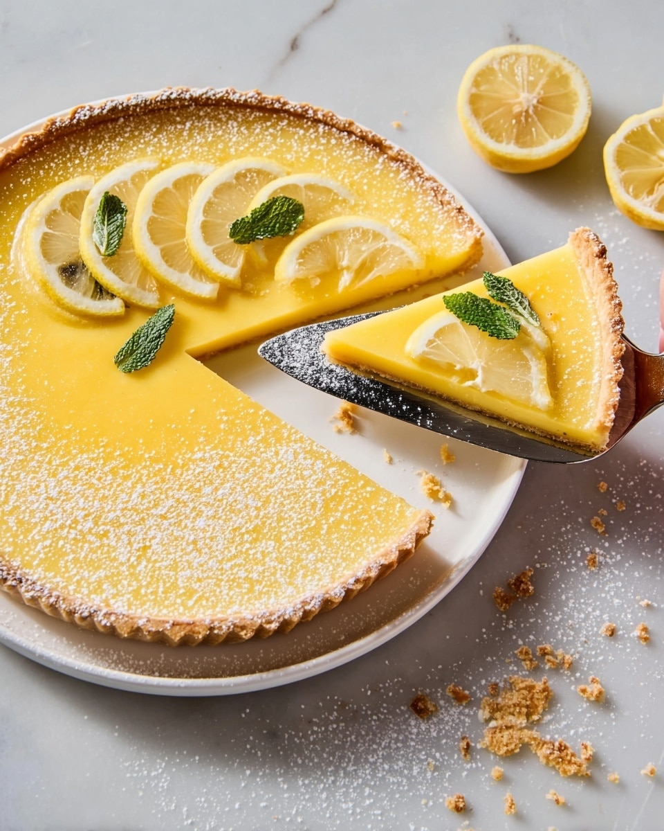 A lemon tart is shown on a white plate, with one slice being lifted by a metal server. The tart has a golden-yellow smooth lemon filling and a light brown thick crust around the edge. The top of the tart and slices are sprinkled with powdered sugar. On the right side of the tart, there are three thin lemon slices layered with green mint leaves placed on top. Crumbs of the crust are scattered on the white marbled surface beneath the plate. Photo taken with an iphone --ar 4:5 --v 7