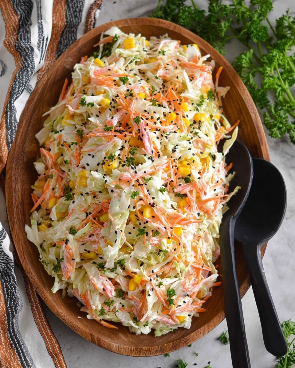 A wooden bowl filled with a layered salad featuring a mix of thinly shredded white cabbage as the base, with bright orange shredded carrots and yellow corn kernels scattered throughout. There are small pieces of pink crab sticks mixed in, all coated in a creamy white dressing. The salad is topped with small black sesame seeds and sprinkled with green chopped parsley for a fresh touch. Two black utensils rest on the right side of the bowl, which sits on a white marbled textured surface with some sprigs of parsley and a folded cloth with white, grey, orange, and black stripes to the left. Photo taken with an iphone --ar 4:5 --v 7