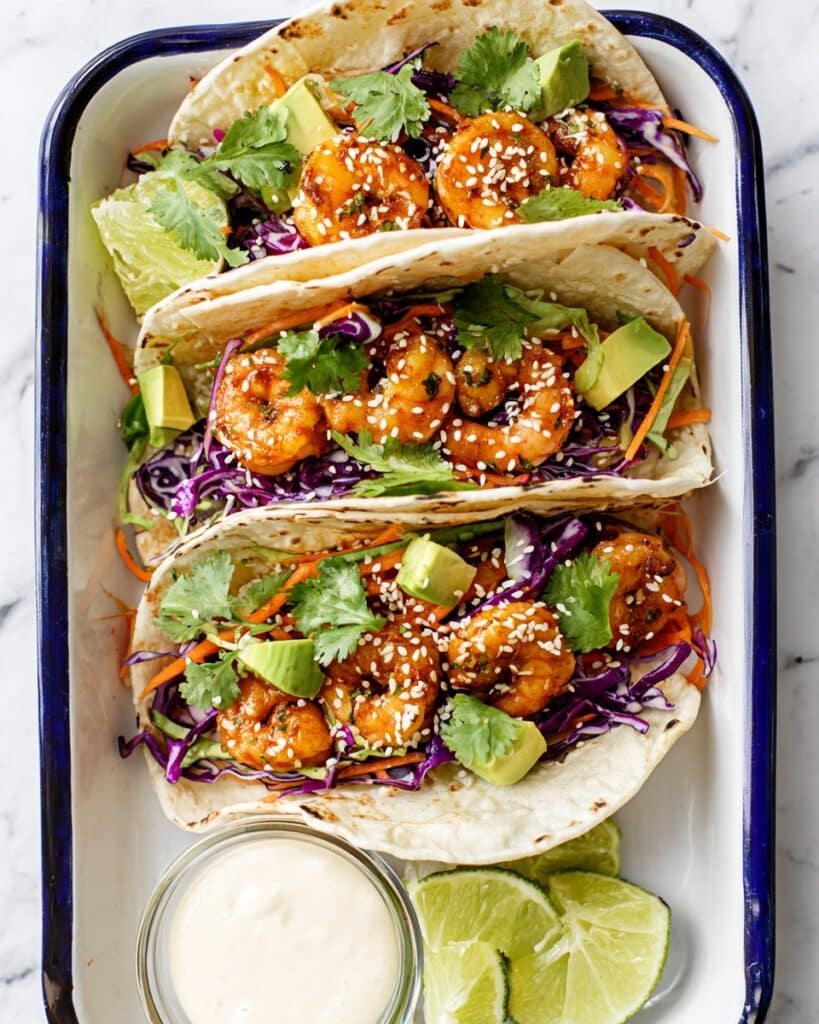 Asian Shrimp Tacos with Slaw and Avocado Recipe