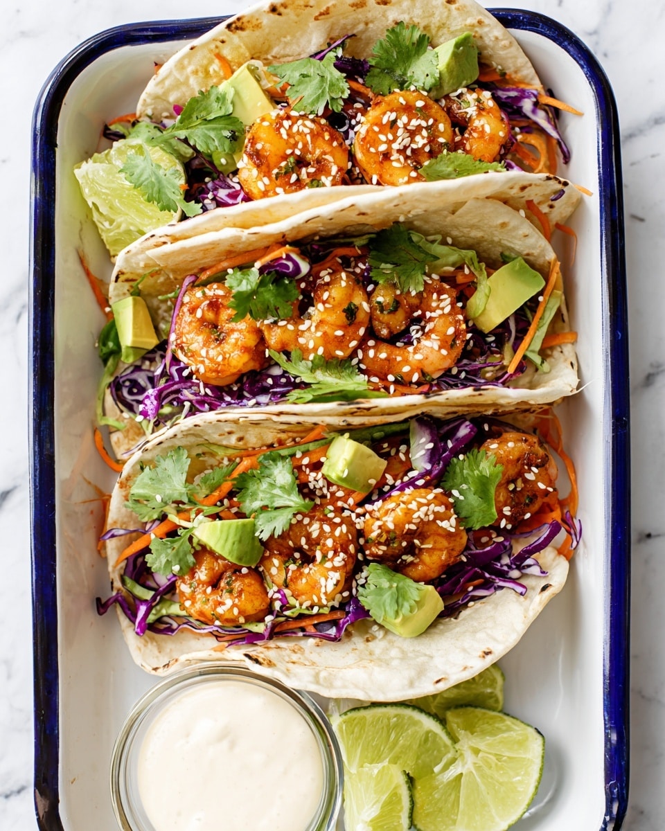 Three shrimp tacos sit side by side in a white enamel tray with a blue rim, each taco made with a soft, lightly browned white flour tortilla folded over colorful fillings. The bottom layer inside the tacos is shredded purple cabbage and thin carrot strips, adding a vibrant crunch. On top of this are bright green avocado chunks and fresh cilantro leaves, adding freshness. The shrimp are cooked to a light orange color, with a touch of seasoning, and sprinkled with white sesame seeds. In the bottom left corner of the tray, a small glass bowl holds a smooth white sauce. To the side, lime wedges add a pop of green, all set against a white marbled texture background. Photo taken with an iphone --ar 4:5 --v 7