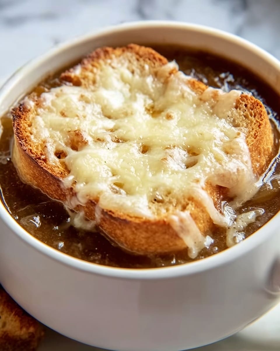 A close-up view of a white bowl filled with dark brown onion soup topped with a single slice of toasted bread. The bread is golden brown and crispy, covered with melted white cheese that is slightly browned in spots, creating a bubbly, gooey texture. The soup looks thick and rich, with steam rising gently from it. The bowl sits on a white marbled surface. photo taken with an iphone --ar 4:5 --v 7