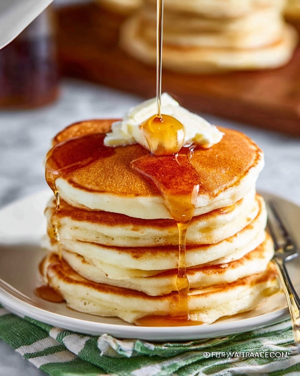 A stack of seven thick, fluffy pancakes sits in the center of a white plate, each pancake showing light golden brown edges and soft, smooth surfaces. On top of the stack, there are two small uneven pats of melting butter, slightly white and creamy in texture. Golden syrup is being poured over the butter and pancakes, cascading down the sides in shiny, smooth streams and pooling slightly on the plate below. The scene is set against a white marbled surface with a blurred background showing more pancakes, and a silver fork lies next to the plate on a green and white striped cloth. photo taken with an iphone --ar 4:5 --v 7