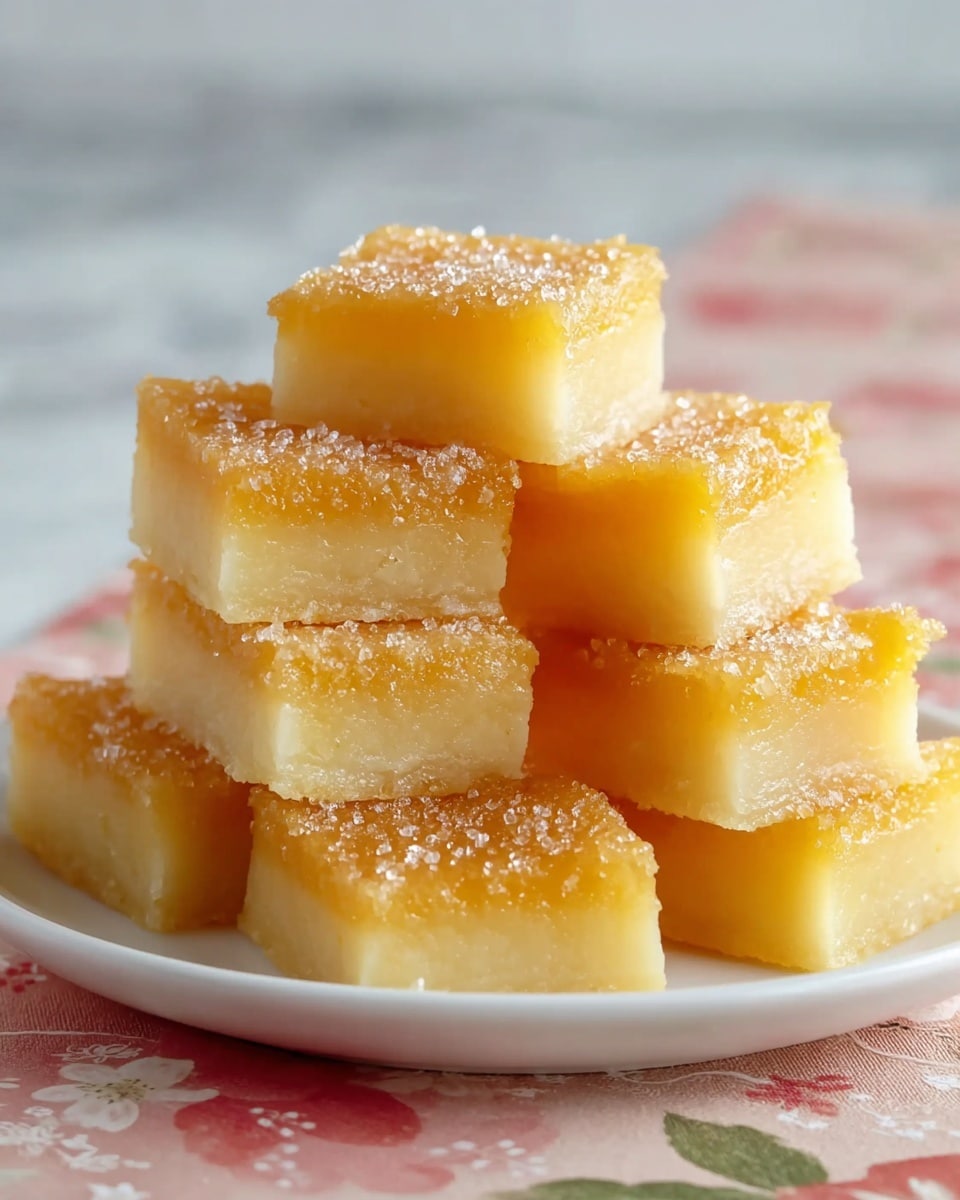 A stack of eight square lemon bars is arranged on a white plate, set on top of a white marbled surface with a soft, pink floral cloth underneath. Each bar has two layers: a shiny golden-brown top layer that looks slightly crisp and sparkling sugar granules sprinkled on it, and a thick, soft, pale yellow bottom layer with a moist texture. The bars are stacked in a pyramid shape, with four on the bottom, three above them, and one piece at the top, showing the smooth and clean edges of each bar. photo taken with an iphone --ar 4:5 --v 7