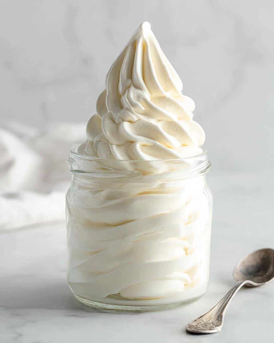 A clear glass jar filled with a creamy, smooth white soft-serve swirled inside, with thick layers visible through the glass; on top, a tall, spiral swirl peaks sharply, showing detailed ridges and a glossy texture. The jar sits on a white marbled surface with soft natural light highlighting the soft-serve’s texture and cold appearance, accompanied by a vintage metallic spoon resting to the right. Photo taken with an iphone --ar 4:5 --v 7