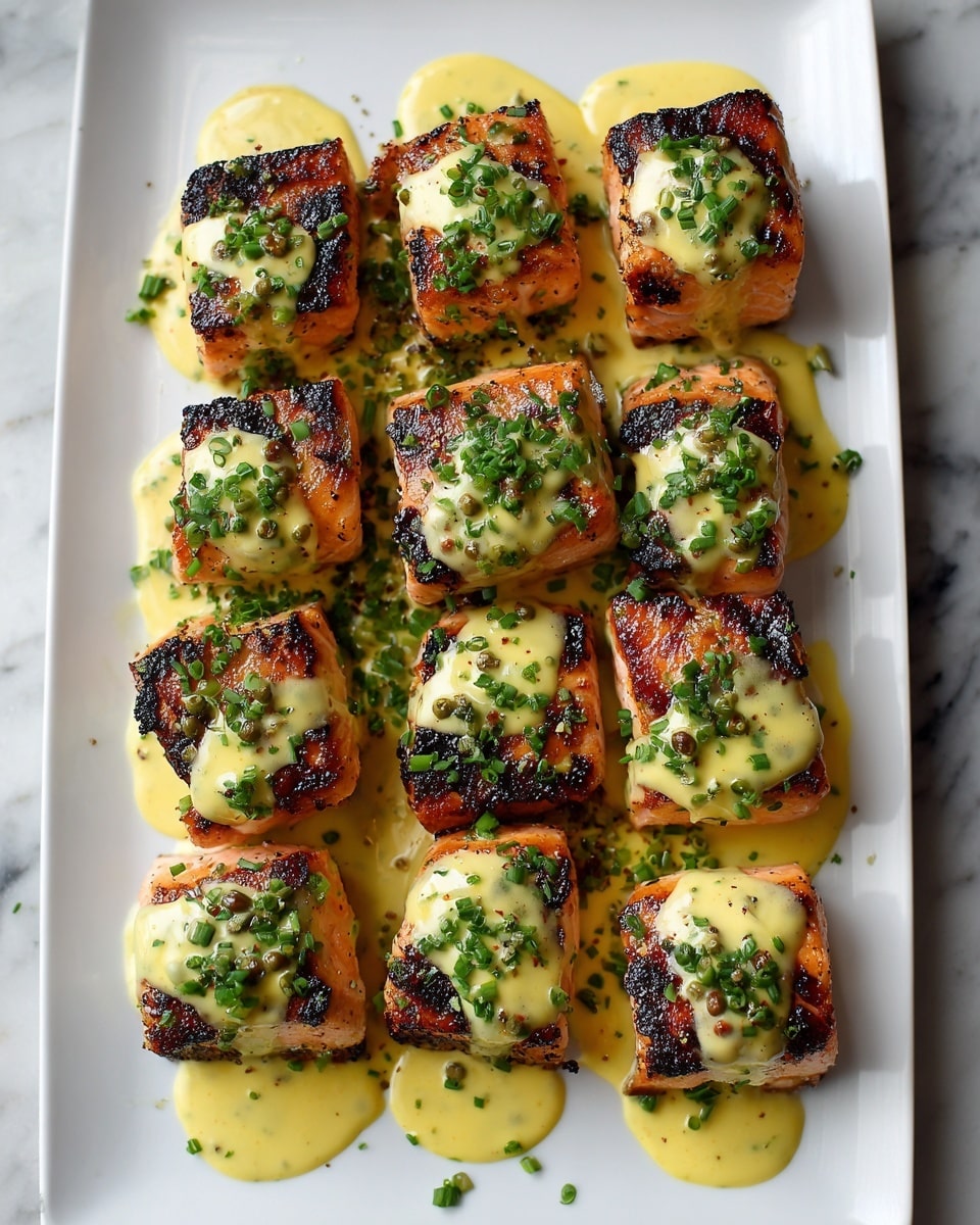 The image shows a white rectangular dish filled with eight thick salmon fillets arranged in two rows of four. Each fillet has a golden-brown charred surface with crispy grill marks, and they are coated with a smooth, creamy orange sauce that drips slightly over the sides. On top of the sauce, small pieces of chopped fresh green herbs are scattered evenly across each fillet, adding a bright contrast to the richly colored fish and sauce. The dish is set on a white marbled surface, creating a clean and bright backdrop for the vibrant food. photo taken with an iphone --ar 4:5 --v 7