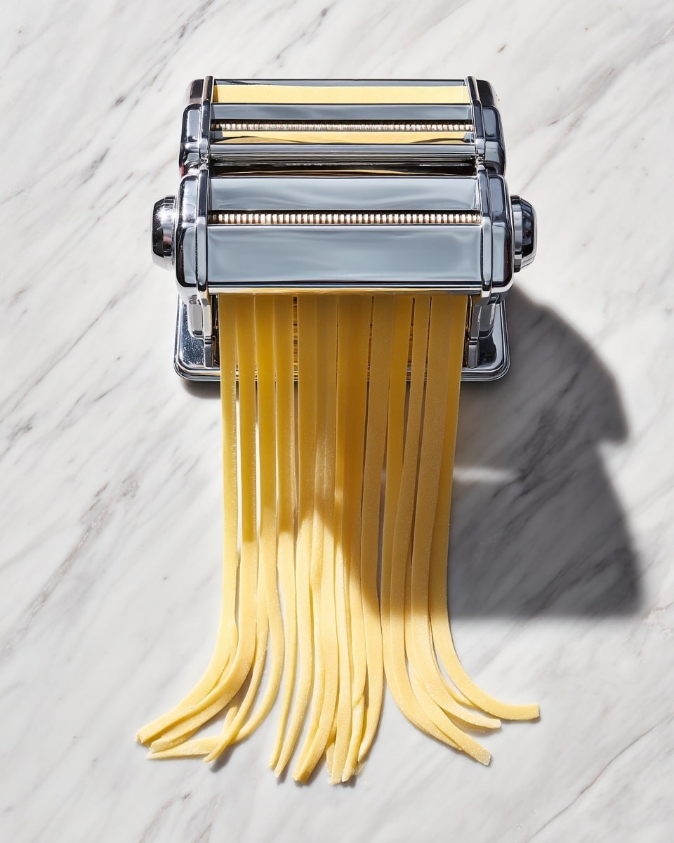 A shiny silver pasta machine sits on a white marbled surface, with pale yellow pasta dough fed into the top slot. The dough is rolled out into thin, even sheets that the machine cuts into long, flat noodle strips hanging down from the front. The noodles have a smooth texture and a consistent width. The background is softly blurred, keeping focus on the pasta and the machine. Photo taken with an iphone --ar 4:5 --v 7