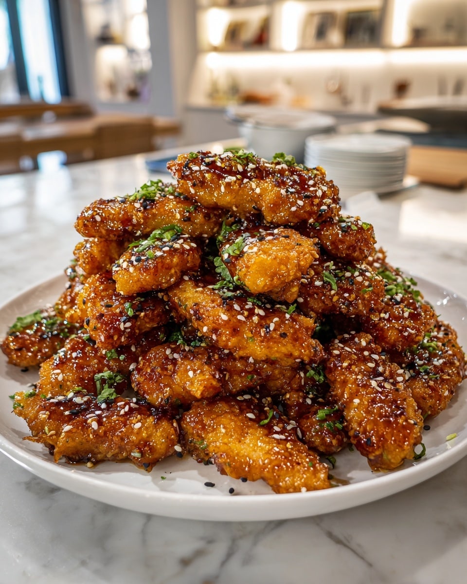 A white plate stacked high with golden-brown fried chicken tenders covered in a sticky glaze. Each piece glistens with shiny sauce dotted with white sesame seeds and tiny green herb bits spread evenly on top. The chicken has a crispy texture with visible charred black pepper flakes giving a spicy look. The pile is close-up and fills most of the frame, with a soft kitchen background of white cabinets and marble countertops blurred in the back. photo taken with an iphone --ar 4:5 --v 7