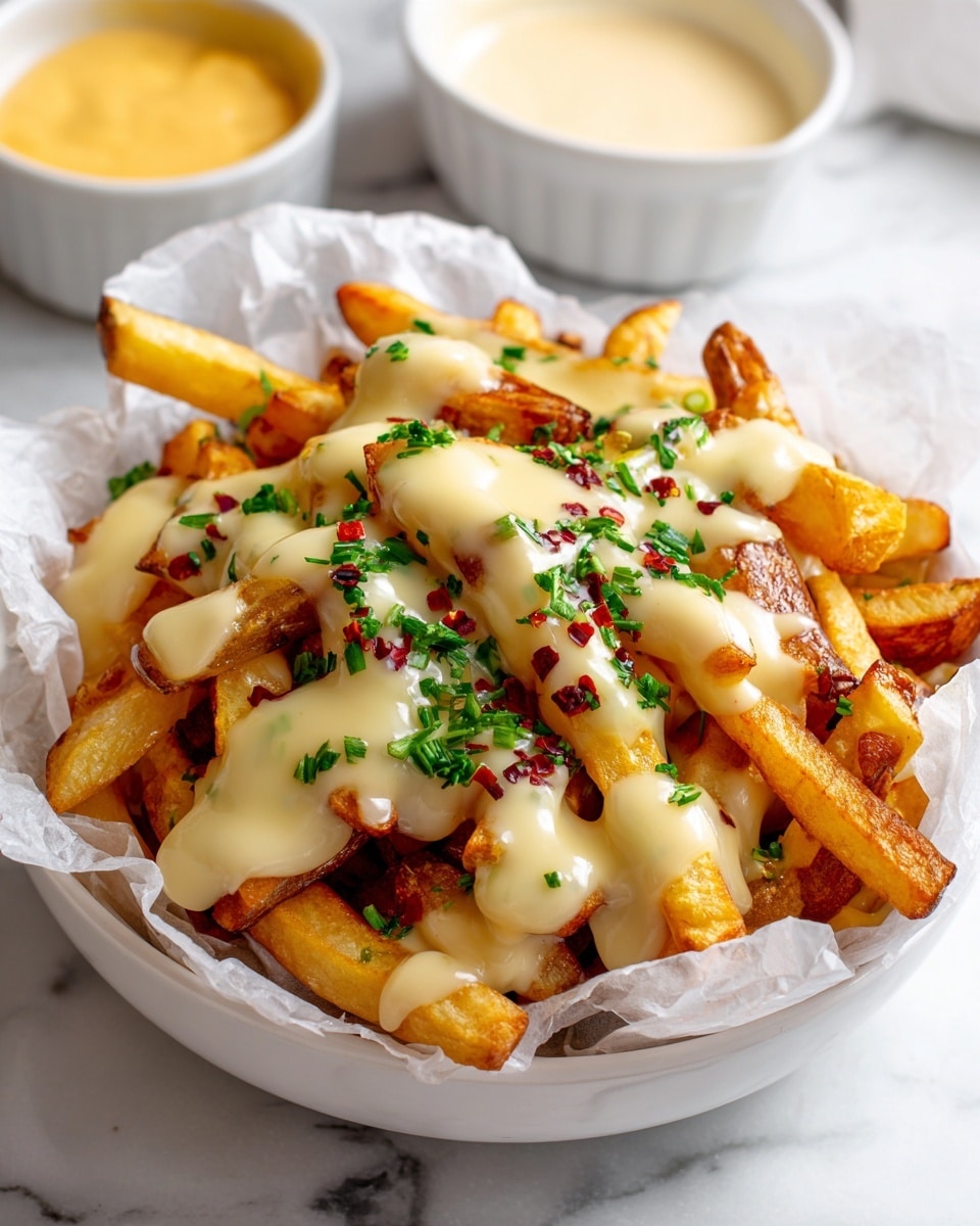 A white bowl lined with white parchment paper is filled with golden-brown fries covered in thick, creamy melted cheese sauce. The cheese sauce is smooth and slightly glossy, spreading evenly over the fries in one main layer. Bright green chopped herbs and small bits of red seasoning are sprinkled on top, adding color contrast. A white marbled surface is visible beneath the bowl, with a white dish of more sauce in the background. Photo taken with an iphone --ar 4:5 --v 7