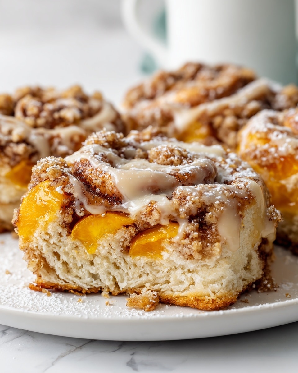 The image shows close-up peach cinnamon rolls on a white plate with a white marbled background. Each roll has three to four visible layers: the outer layer is golden brown and flaky, the middle layer shows crushed cinnamon sugar crumb topping, and thin slices of bright orange peach are tucked inside the swirls. Creamy light beige icing is drizzled unevenly over the rolls, creating a shiny, smooth texture that contrasts with the crumbly sugar. Powdered sugar is lightly sprinkled on top and around the rolls on the plate. Photo taken with an iphone --ar 4:5 --v 7