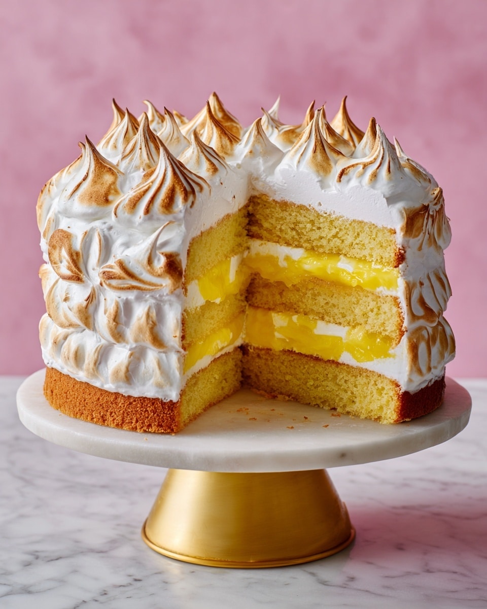 A three-layer round cake is shown on a white marble cake stand with a gold base underneath the cake. The bottom and middle layers are light yellow sponge cake, filled between each layer with thick, bright yellow lemon curd and smooth white cream. The cake is topped with thick, fluffy white meringue that is toasted golden brown with peaks and swirls covering the whole top and sides, giving a textured look. The cake has a cut section showing the layers clearly, and the background is a soft pink shade with a white marbled surface. photo taken with an iphone --ar 4:5 --v 7