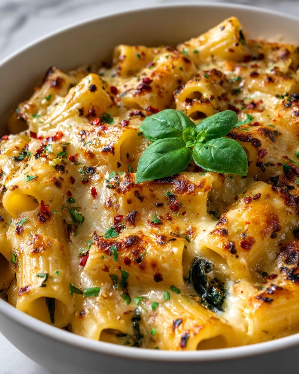 This image shows a close-up of baked pasta in a white bowl on a white marbled surface. The pasta is rigatoni, with a creamy white sauce mixed with cooked spinach, topped by melted golden-brown cheese with some darker toasted spots. There are red chili flakes sprinkled over the top, adding small pops of red color. In the center, a few fresh green basil leaves sit as a garnish, standing out vividly against the creamy background. The pasta looks creamy and rich with a bubbly, textured top layer of cheese. Photo taken with an iphone --ar 4:5 --v 7
